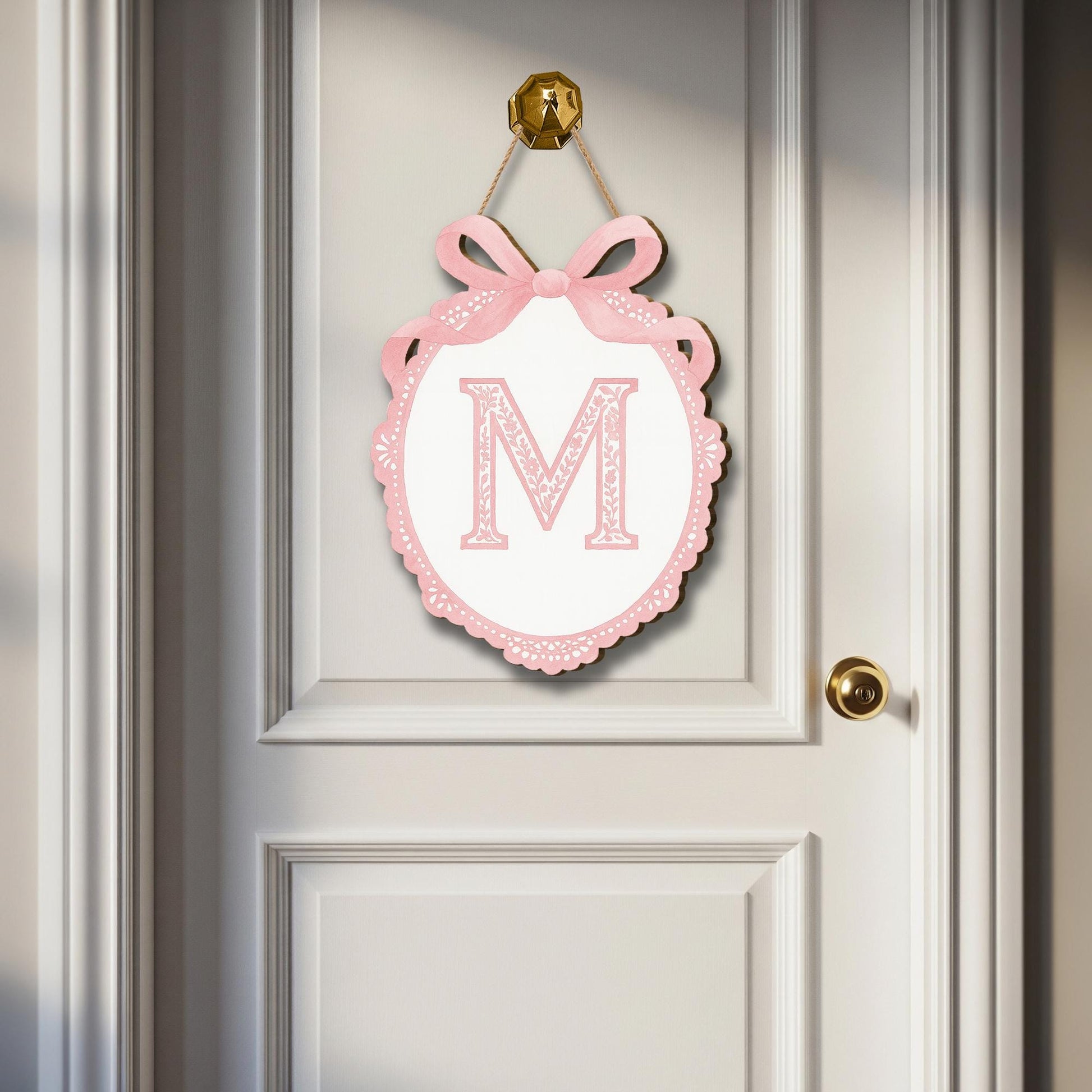 Custom Chinoiserie Monogram Door Sign | Pink Bow Letter Wall Plaque | Personalized Nursery or Dorm Decor | Preppy Girl Room Initial Hanger