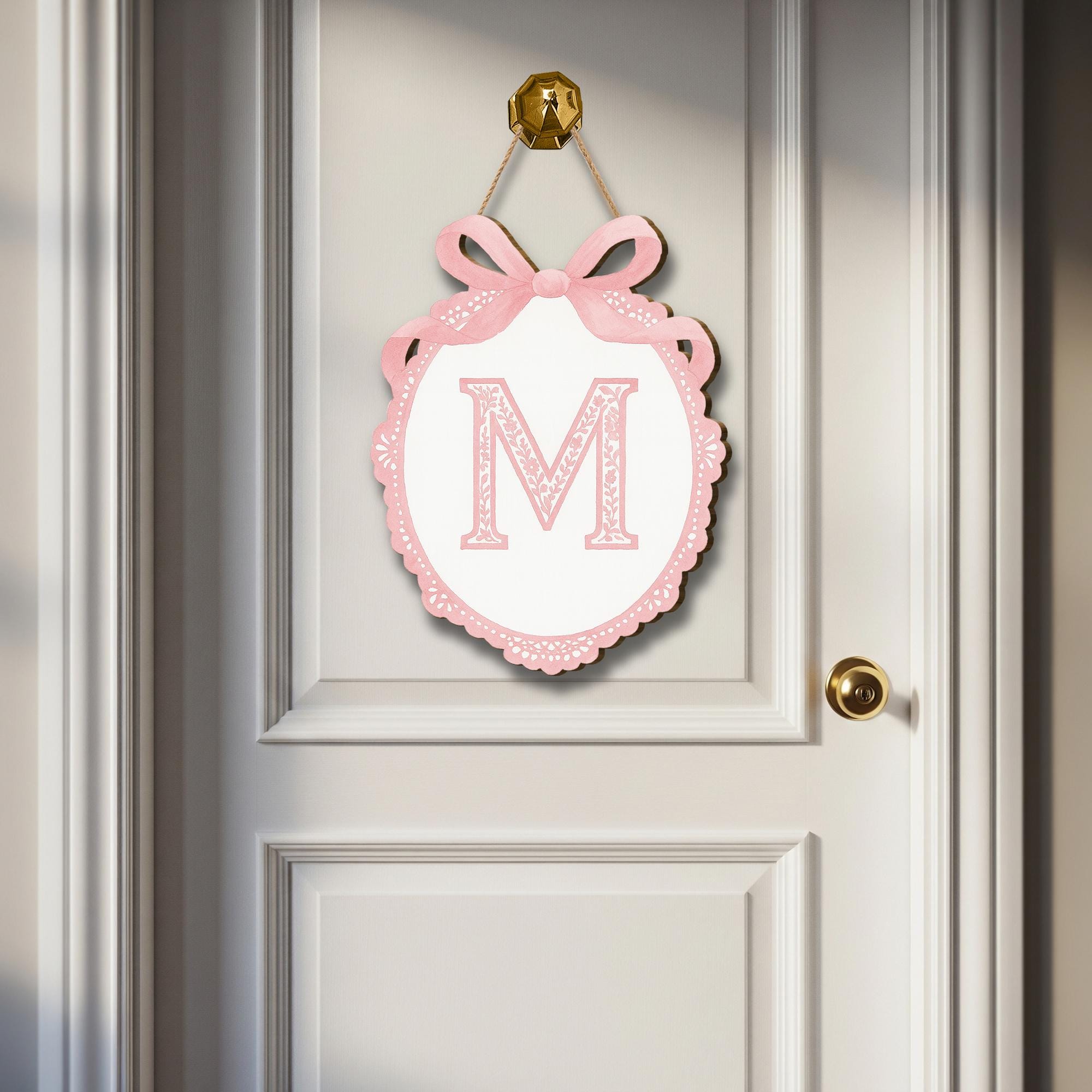 Custom Chinoiserie Monogram Door Sign | Pink Bow Letter Wall Plaque | Personalized Nursery or Dorm Decor | Preppy Girl Room Initial Hanger