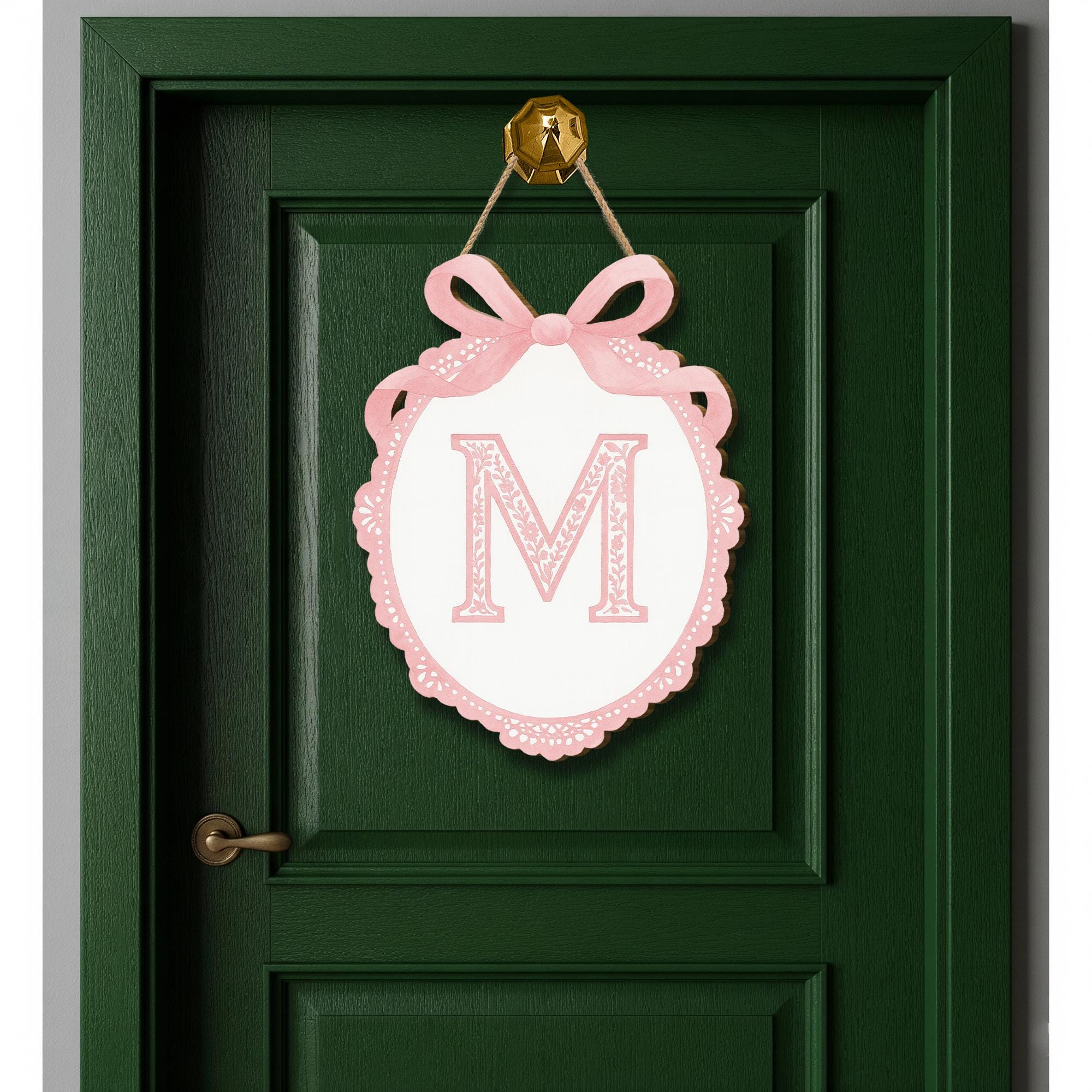 Custom Chinoiserie Monogram Door Sign | Pink Bow Letter Wall Plaque | Personalized Nursery or Dorm Decor | Preppy Girl Room Initial Hanger