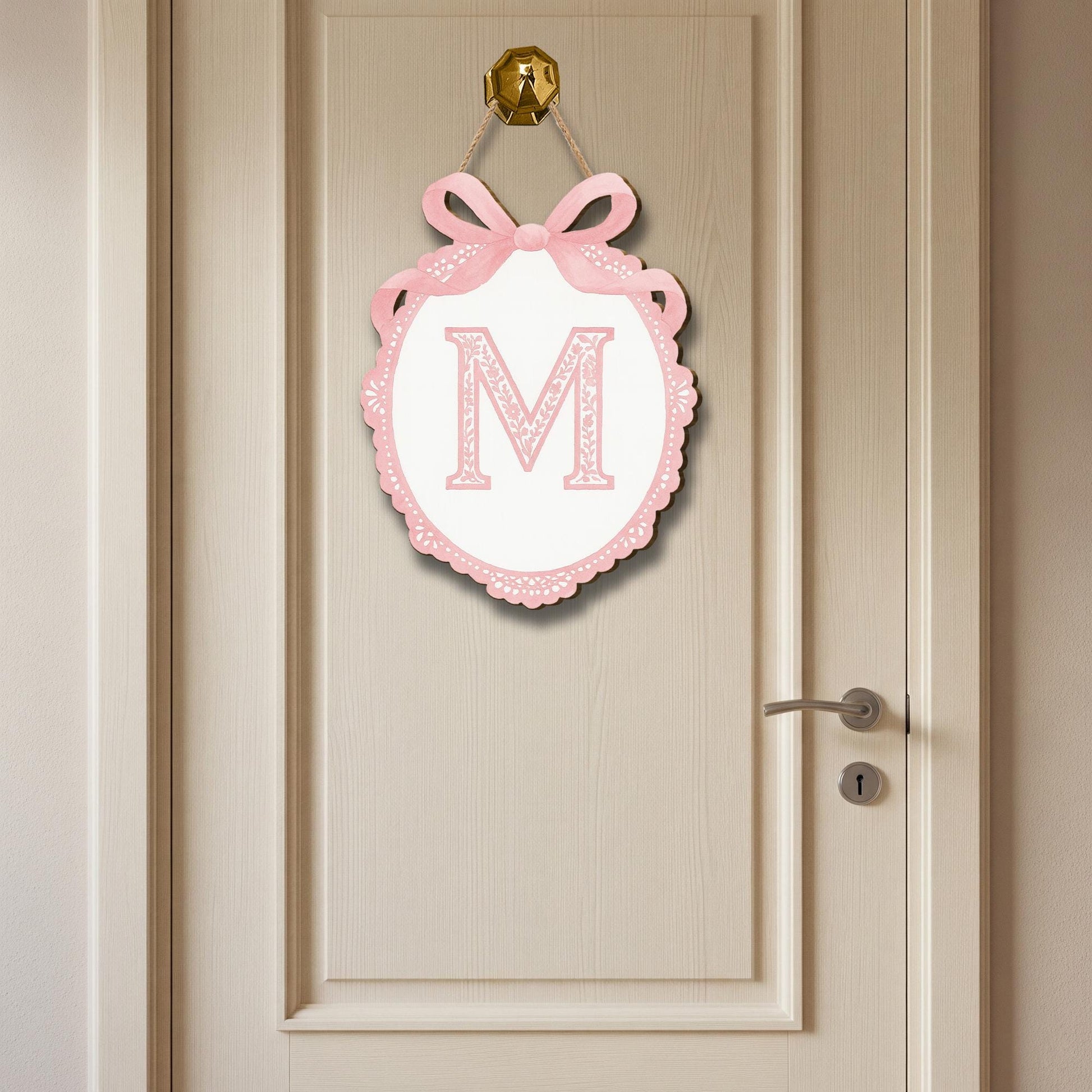 Custom Chinoiserie Monogram Door Sign | Pink Bow Letter Wall Plaque | Personalized Nursery or Dorm Decor | Preppy Girl Room Initial Hanger