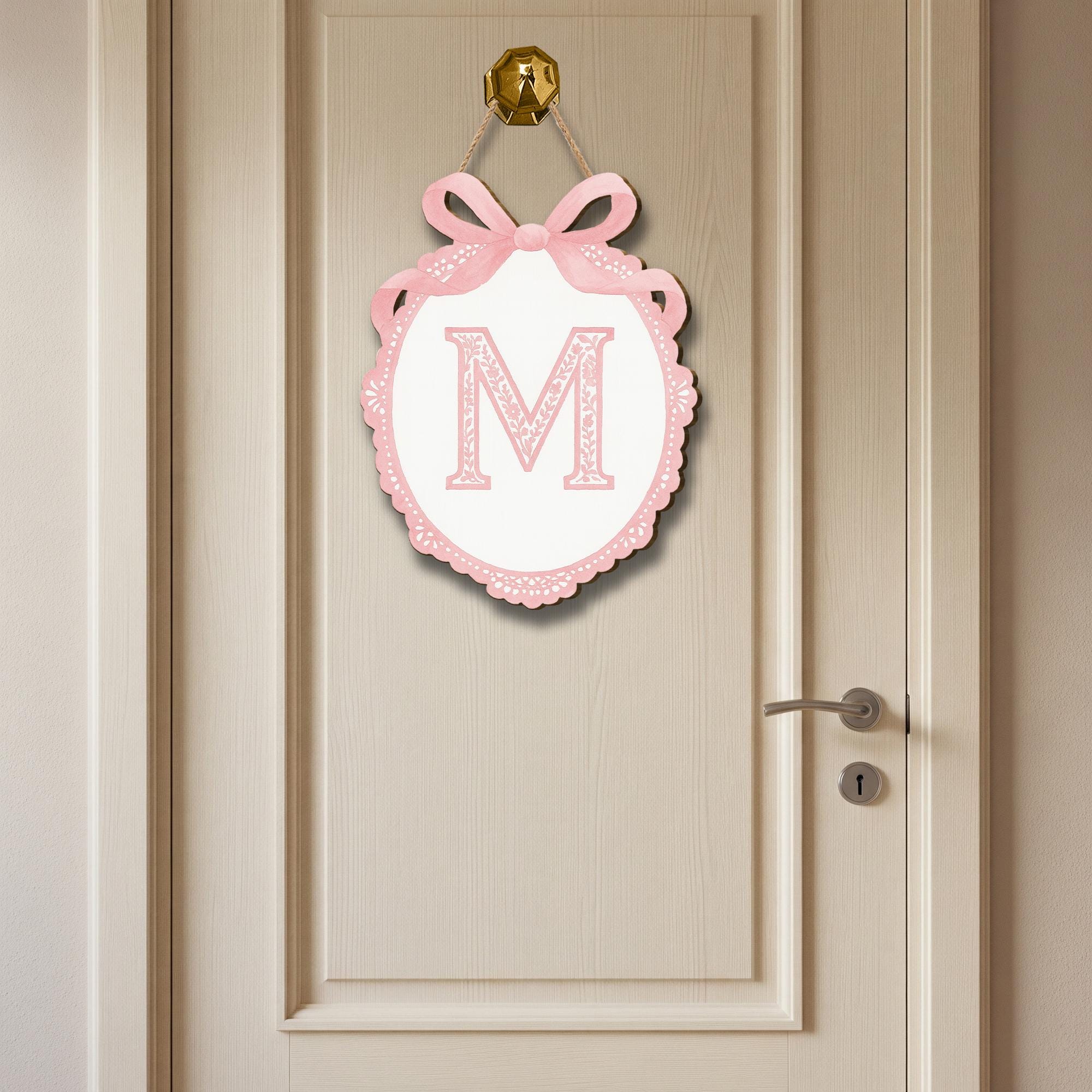 Custom Chinoiserie Monogram Door Sign | Pink Bow Letter Wall Plaque | Personalized Nursery or Dorm Decor | Preppy Girl Room Initial Hanger