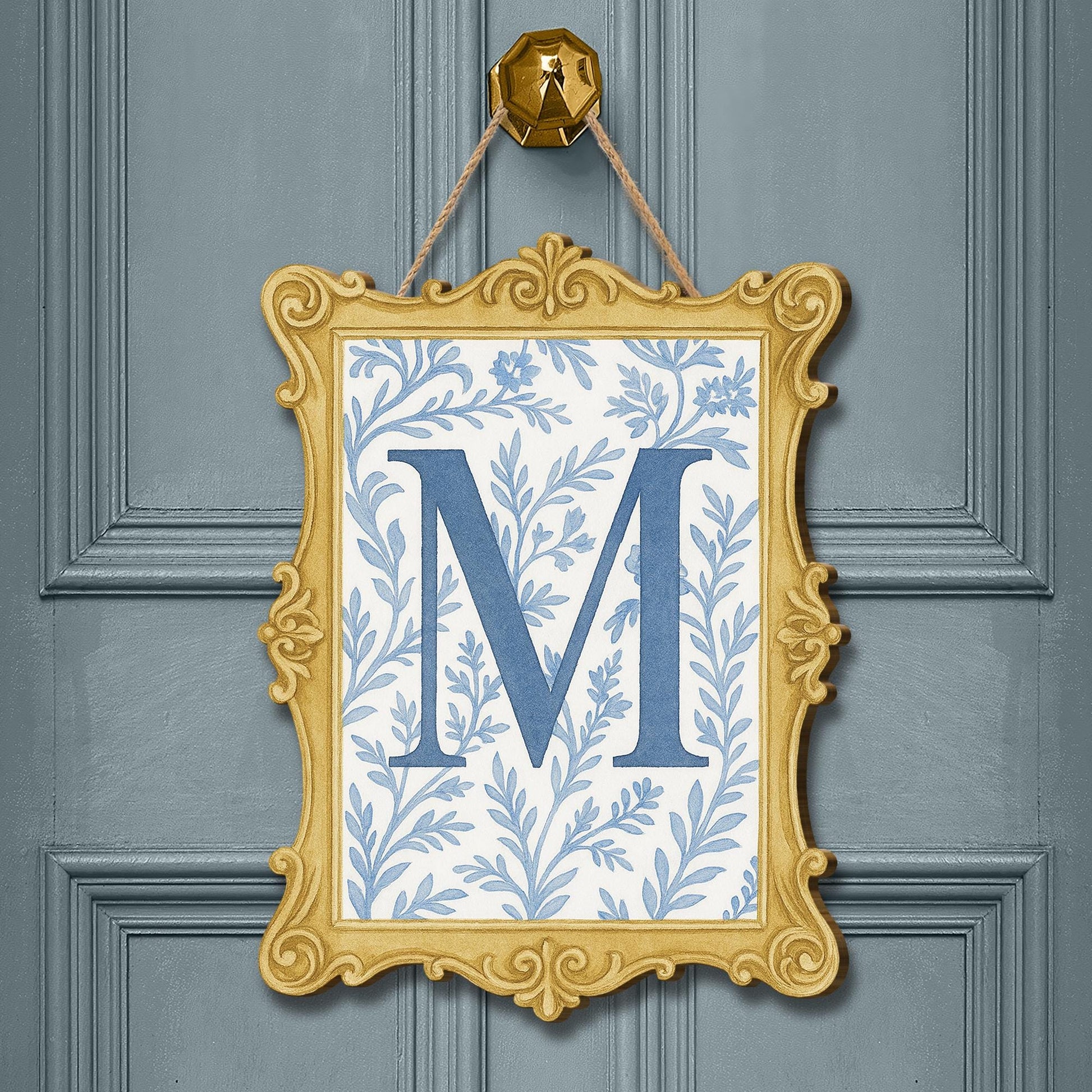 Custom Chinoiserie Monogram Door Sign | Blue Floral Initial Wall Plaque | Personalized Vintage Frame Decor | Elegant Preppy Room Name Sign