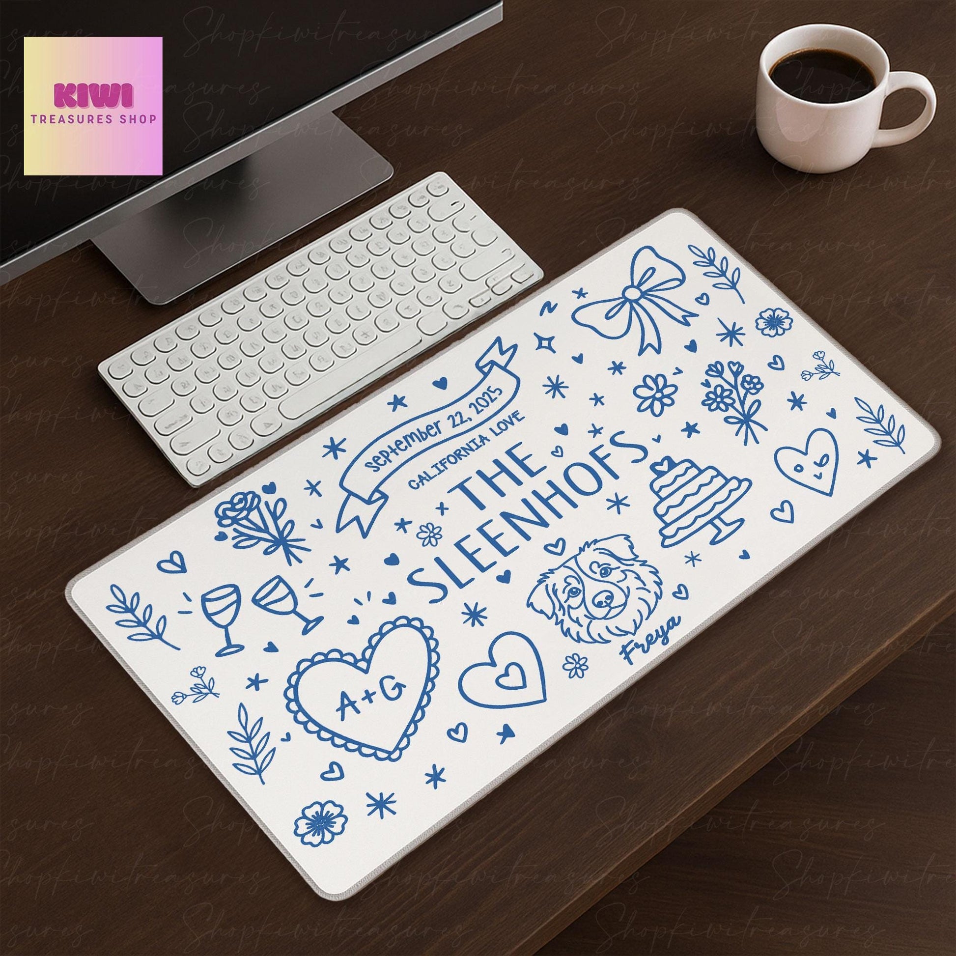 Custom Wedding Mouse Pad – Personalized Couple Name Desk Mat with Date, Location & Pet – Cute Newlywed Gift – Anniversary Office Decor