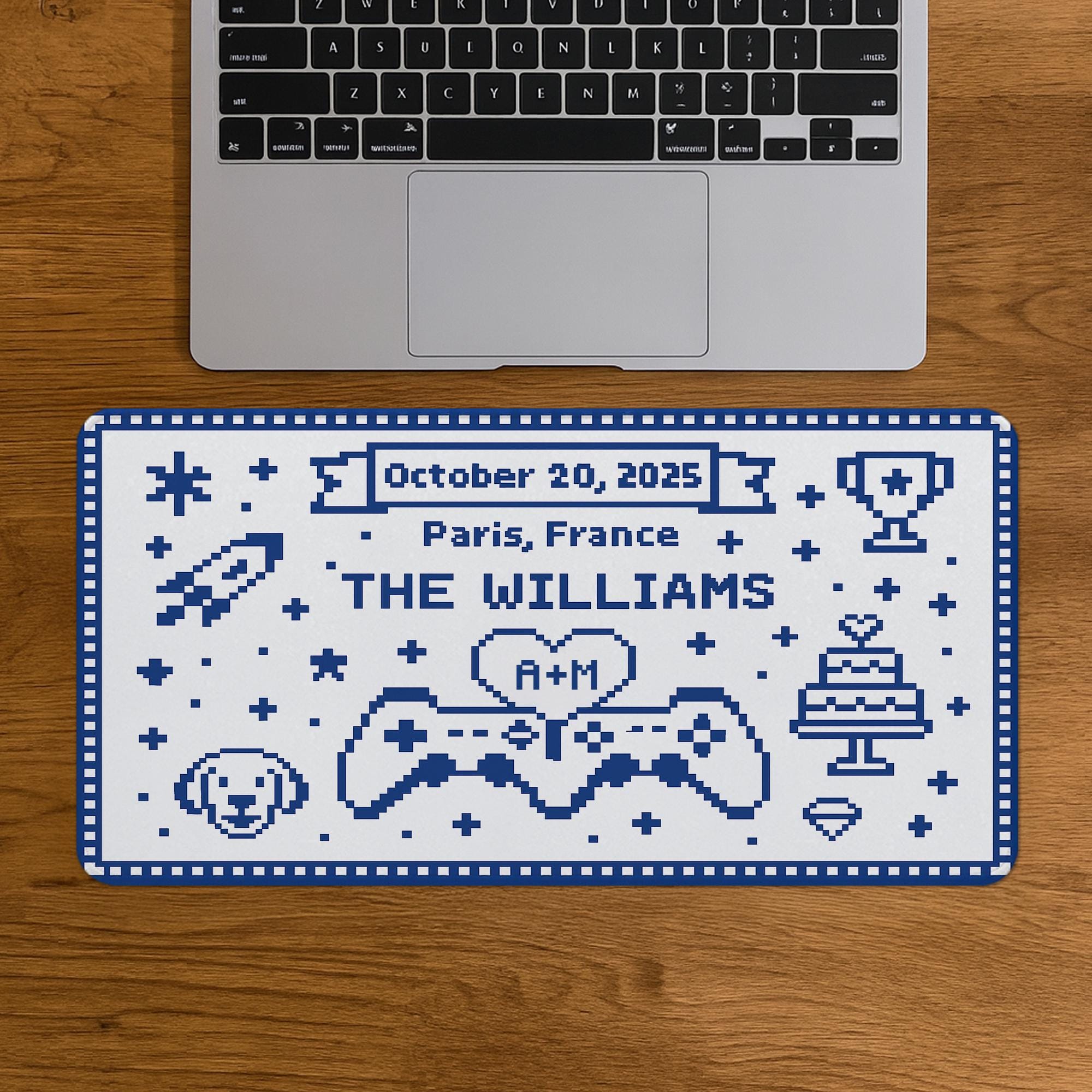 Custom Gamer Wedding Mouse Pad – Personalized Name, Date & Location Desk Mat – Pixel Art Gaming Couple Gift – Cute Wedding Office Decor