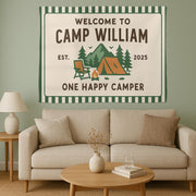 Custom Camp Birthday Tapestry – Personalized Camping Party Banner – Outdoor Adventure Decor – One Happy Camper Sign for Kids or Adults