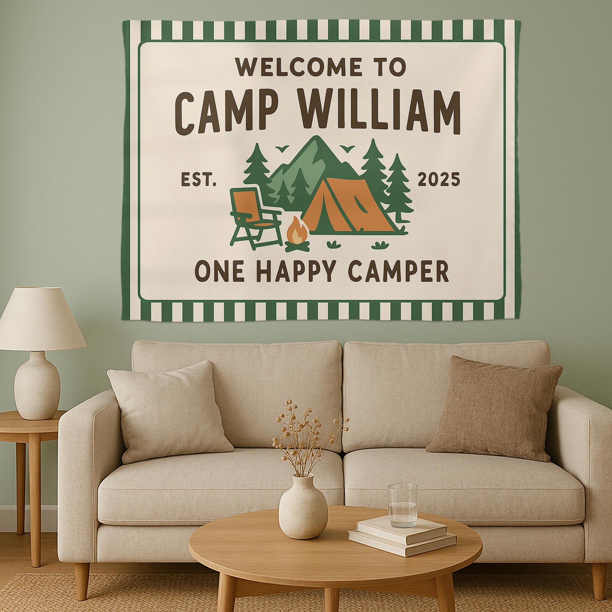 Custom Camp Birthday Tapestry – Personalized Camping Party Banner – Outdoor Adventure Decor – One Happy Camper Sign for Kids or Adults