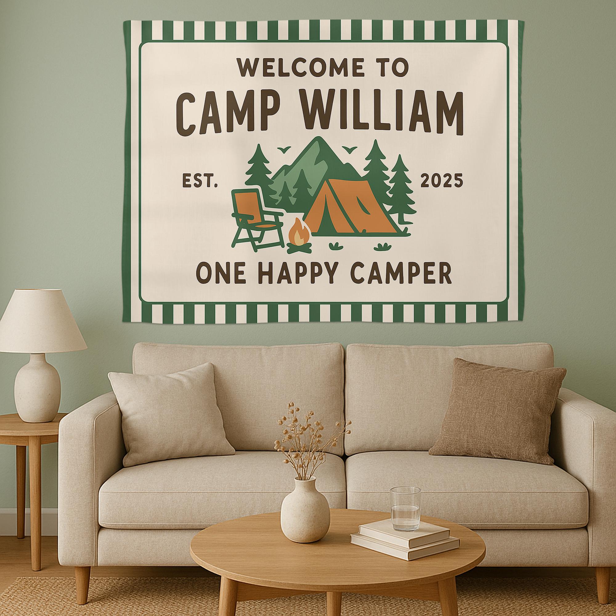 Custom Camp Birthday Tapestry – Personalized Camping Party Banner – Outdoor Adventure Decor – One Happy Camper Sign for Kids or Adults