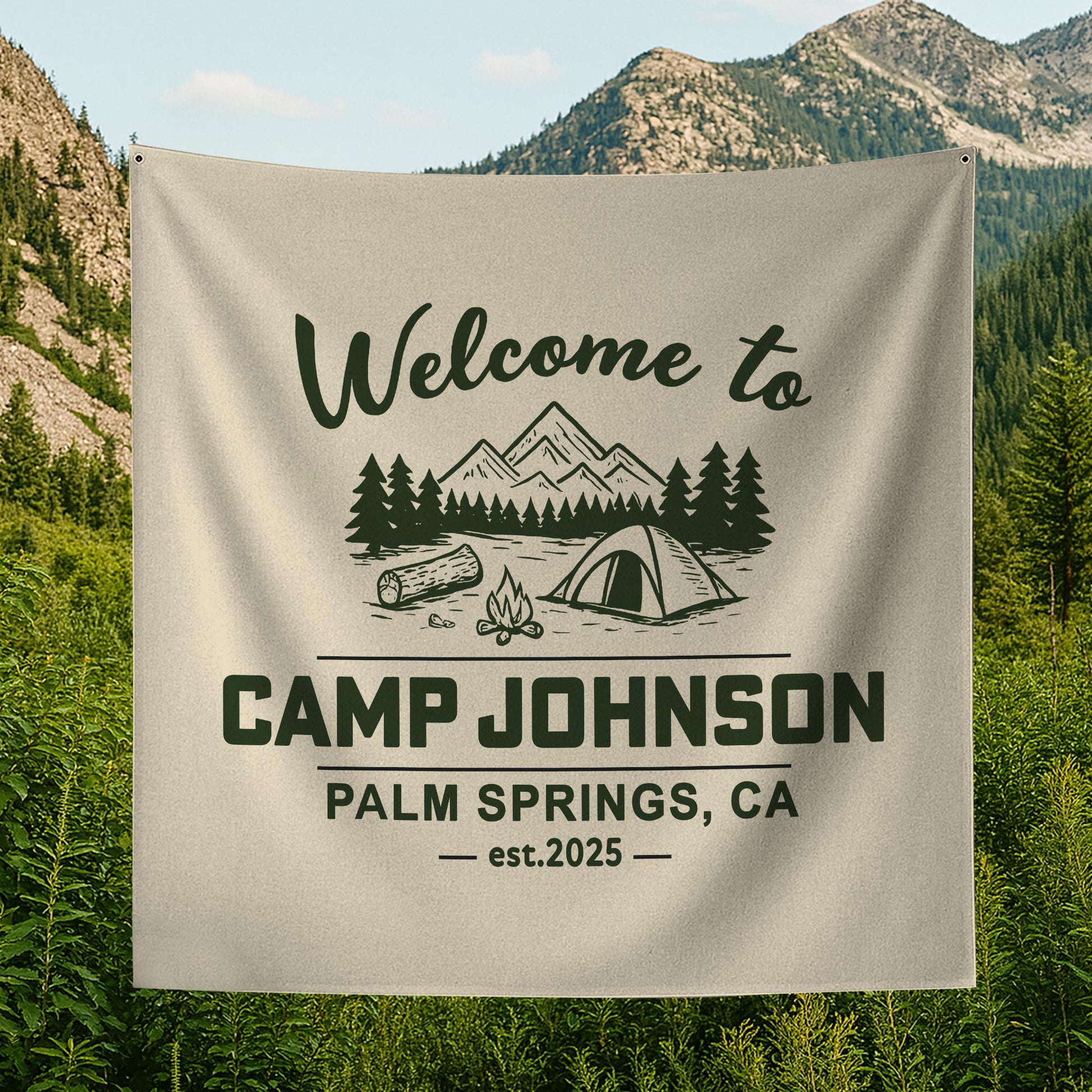 Custom Camp Tapestry | Personalized Camping Banner with Name & Location | Welcome to Camp Sign | Family Camp Trip Decor | Glamping Wall Art