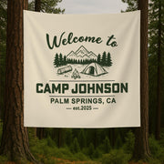 Custom Camp Tapestry | Personalized Camping Banner with Name & Location | Welcome to Camp Sign | Family Camp Trip Decor | Glamping Wall Art