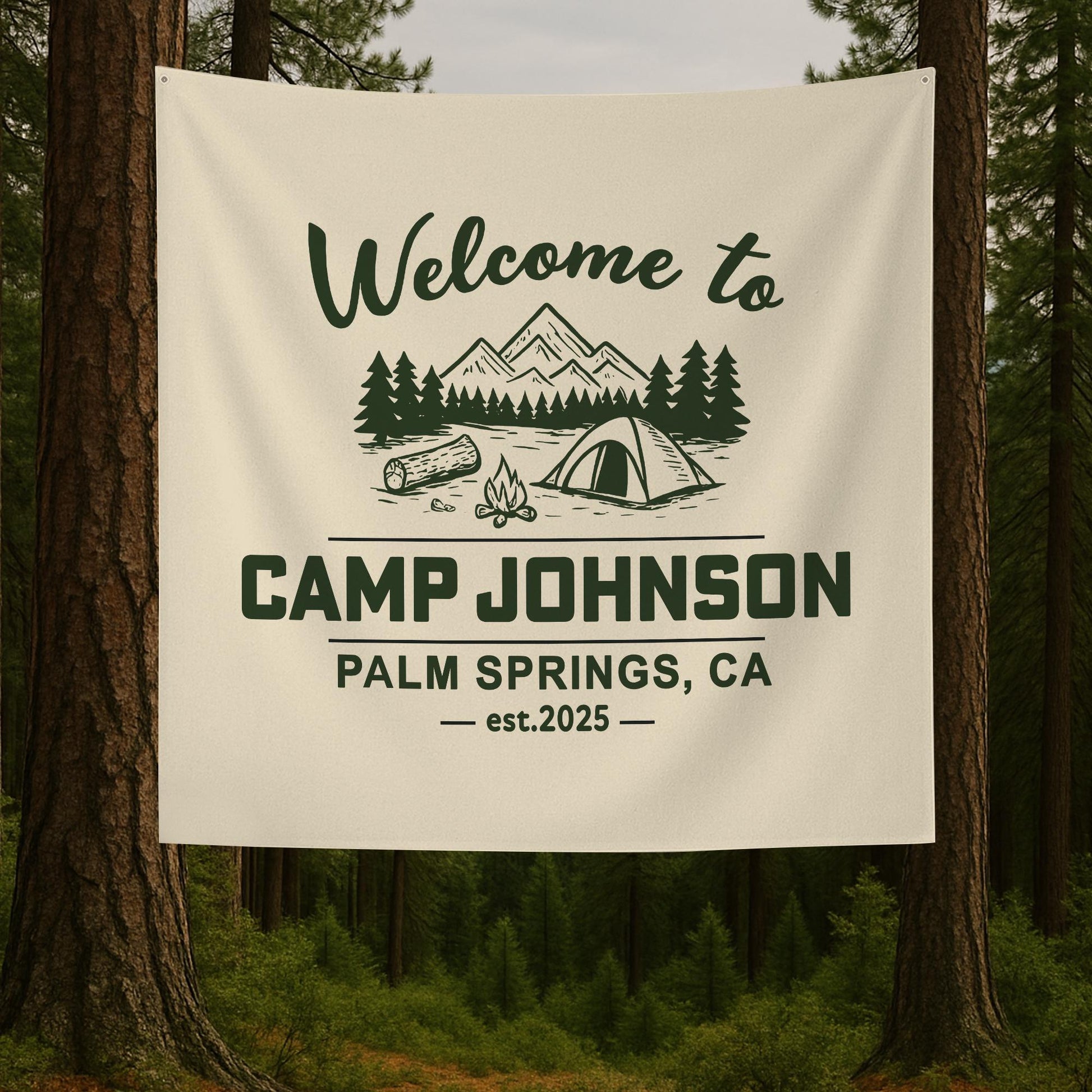 Custom Camp Tapestry | Personalized Camping Banner with Name & Location | Welcome to Camp Sign | Family Camp Trip Decor | Glamping Wall Art