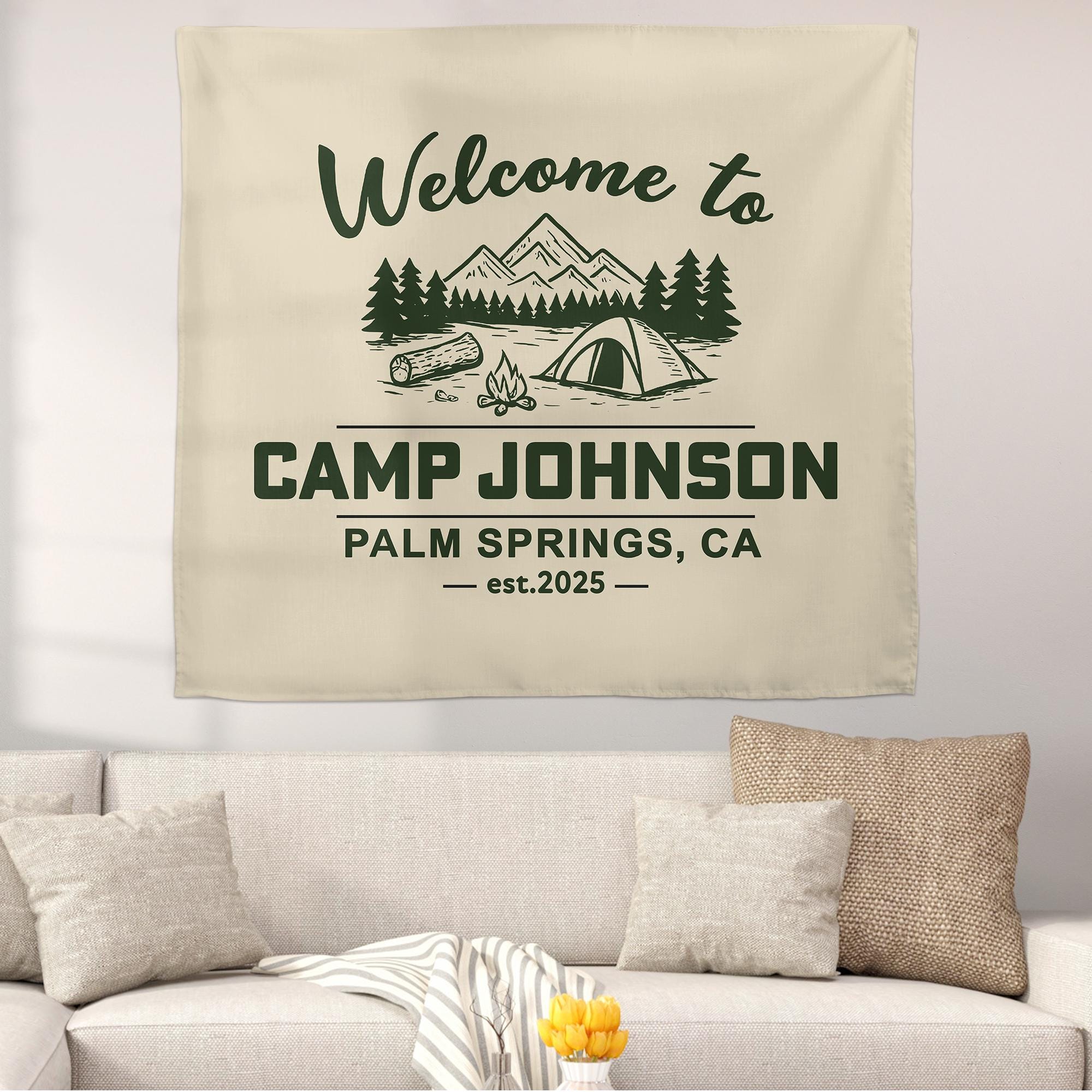 Custom Camp Tapestry | Personalized Camping Banner with Name & Location | Welcome to Camp Sign | Family Camp Trip Decor | Glamping Wall Art