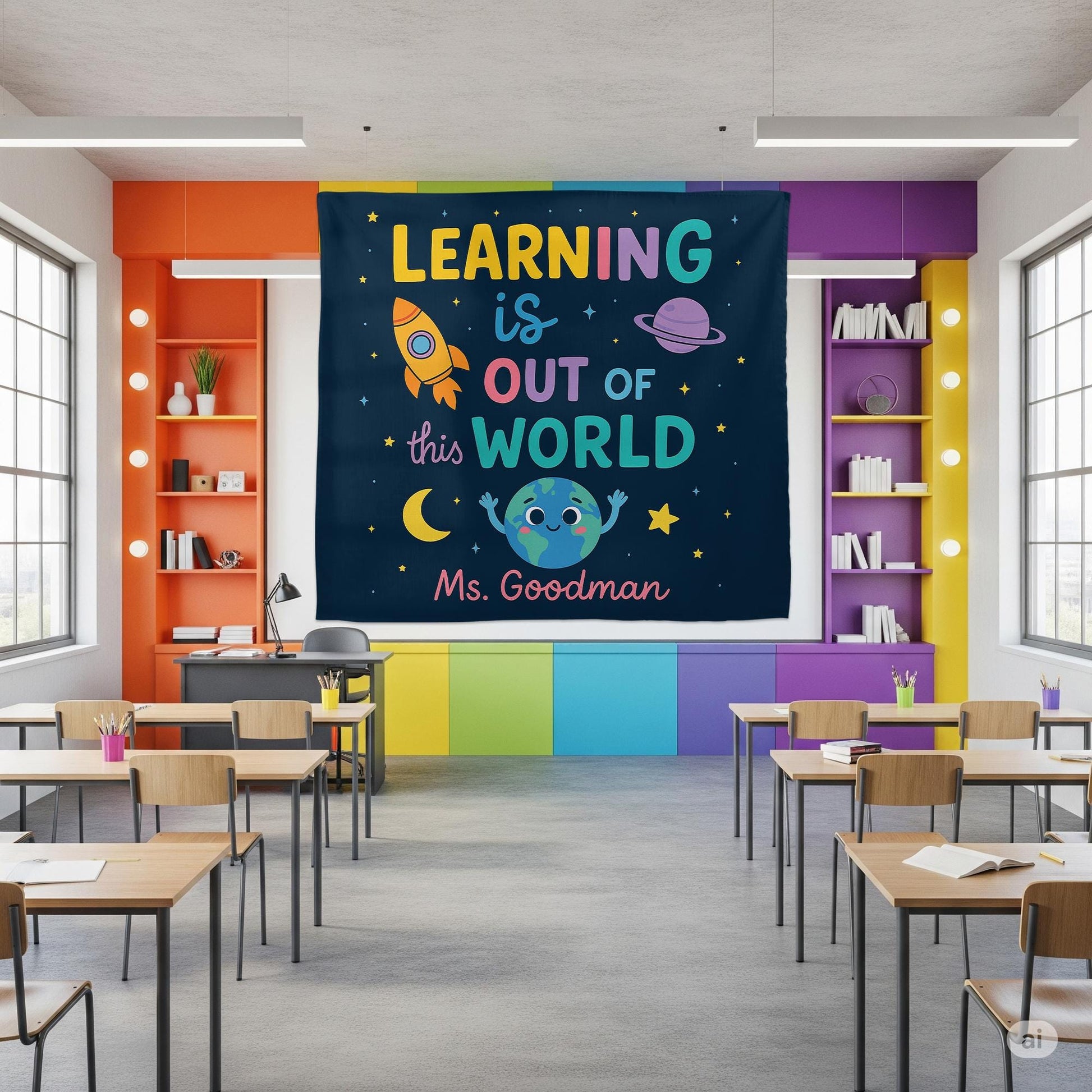 Custom Classroom Tapestry | Learning Is Out of This World Banner | Personalized Teacher Wall Decor | Space Theme Back to School Sign