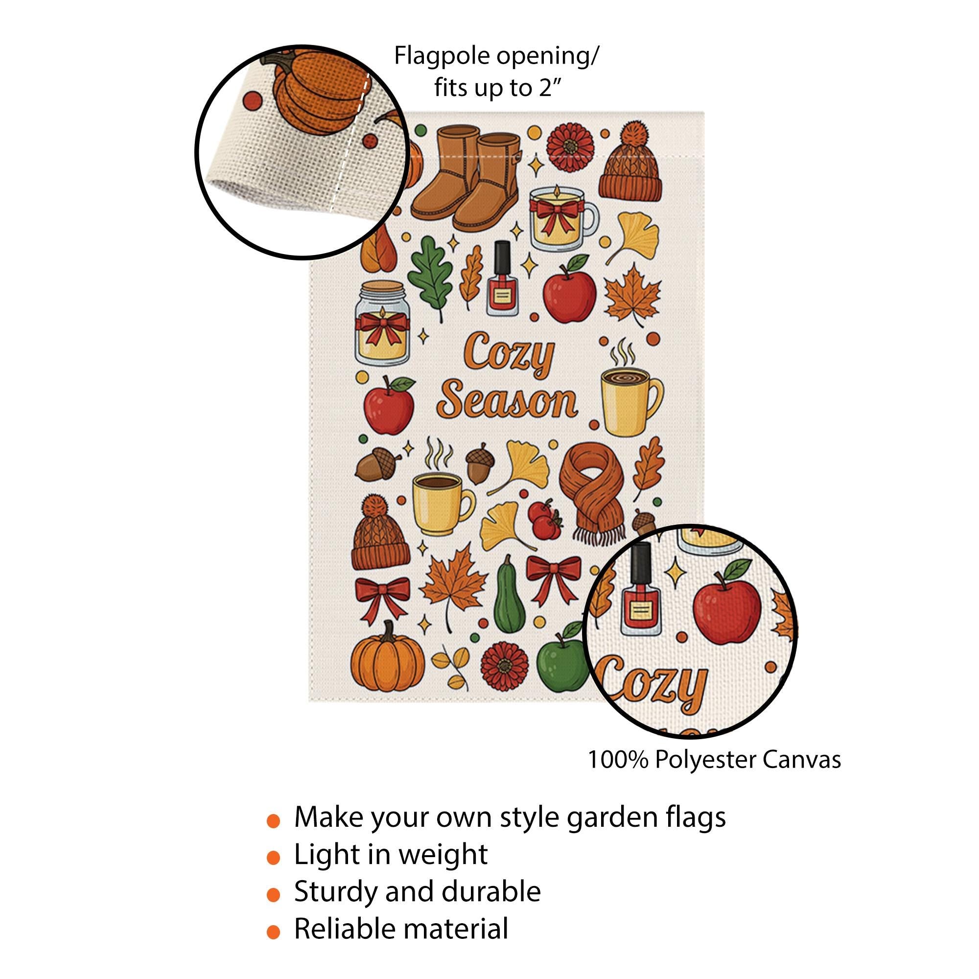Cozy Season Fall Garden Flag – Autumn Outdoor Yard Decor with Pumpkins, Mugs & Leaves – Cute Thanksgiving Porch Decoration