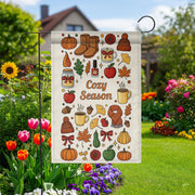 Cozy Season Fall Garden Flag – Autumn Outdoor Yard Decor with Pumpkins, Mugs & Leaves – Cute Thanksgiving Porch Decoration