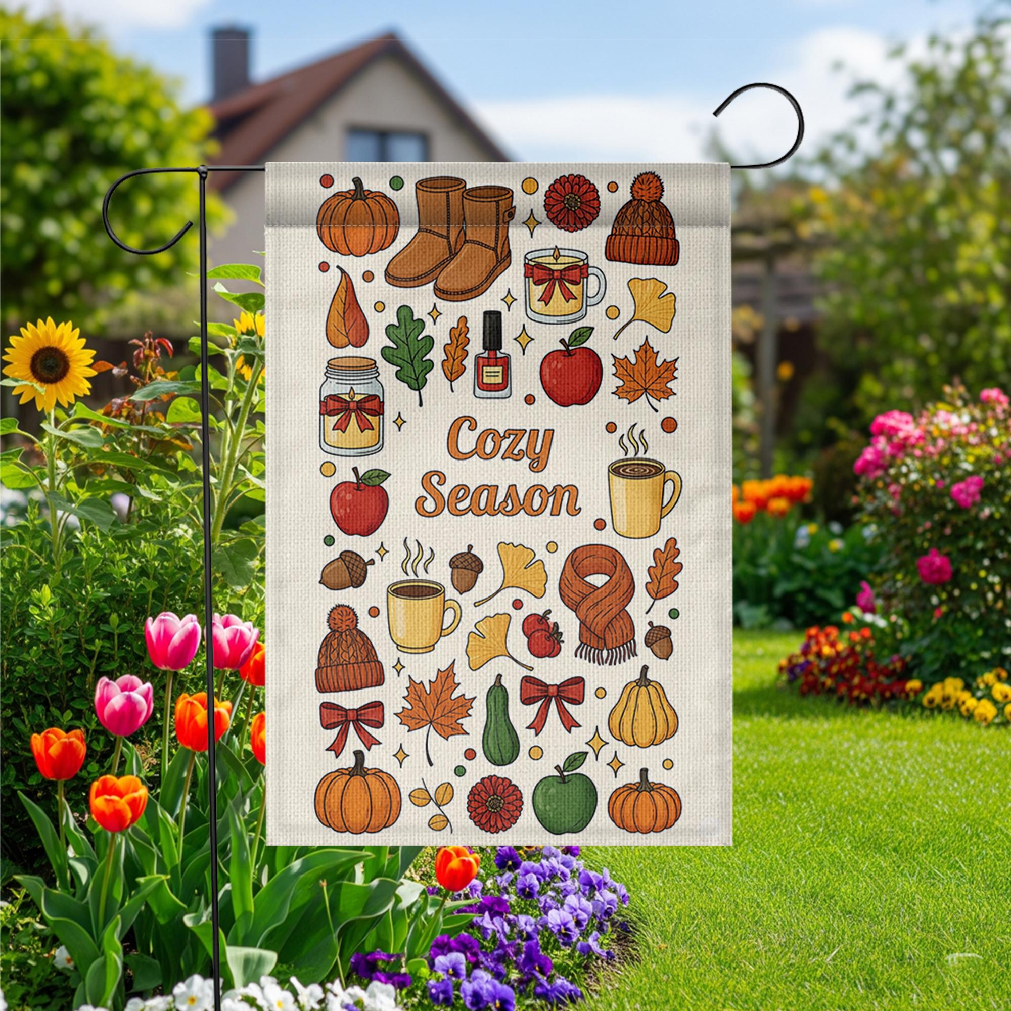 Cozy Season Fall Garden Flag – Autumn Outdoor Yard Decor with Pumpkins, Mugs & Leaves – Cute Thanksgiving Porch Decoration