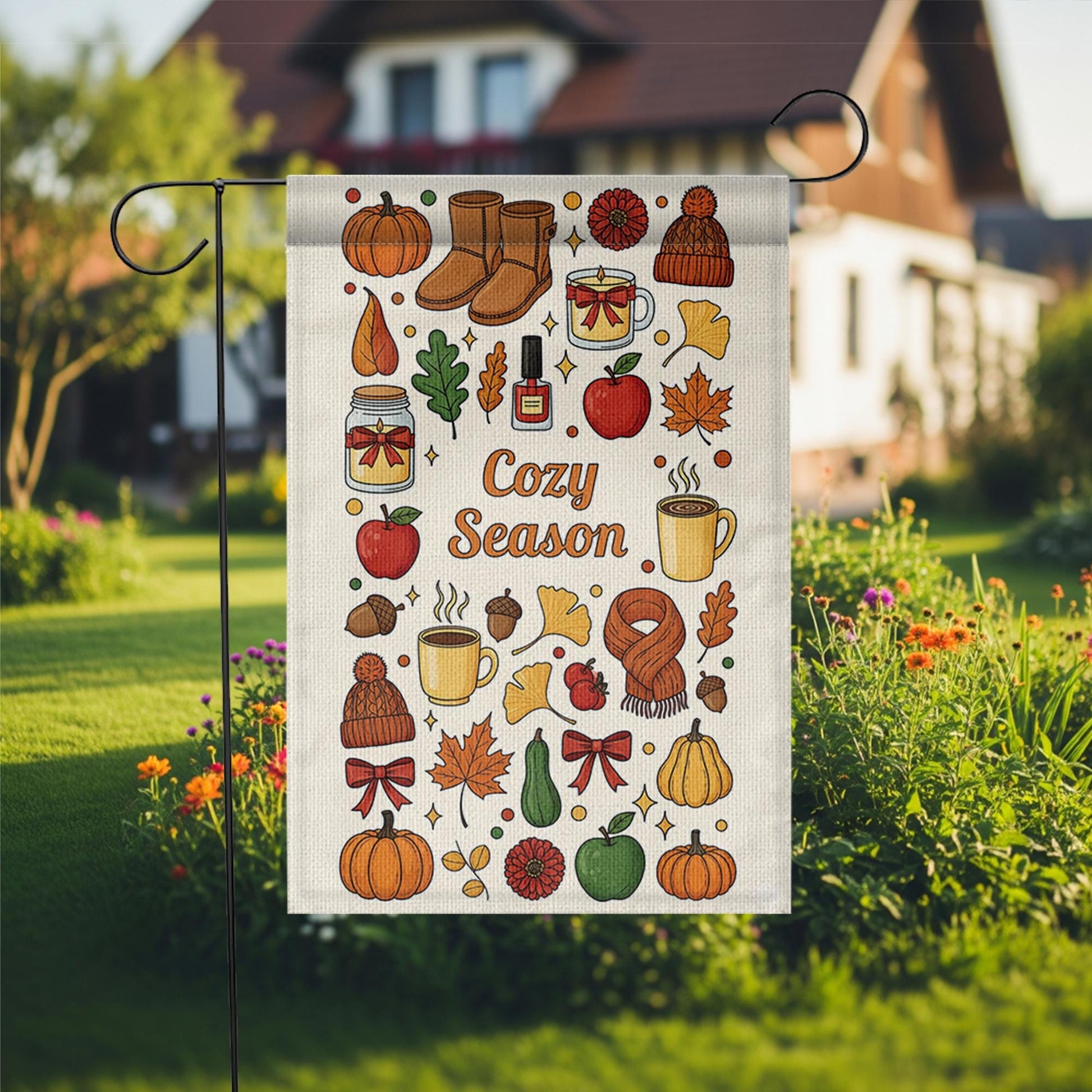Cozy Season Fall Garden Flag – Autumn Outdoor Yard Decor with Pumpkins, Mugs & Leaves – Cute Thanksgiving Porch Decoration