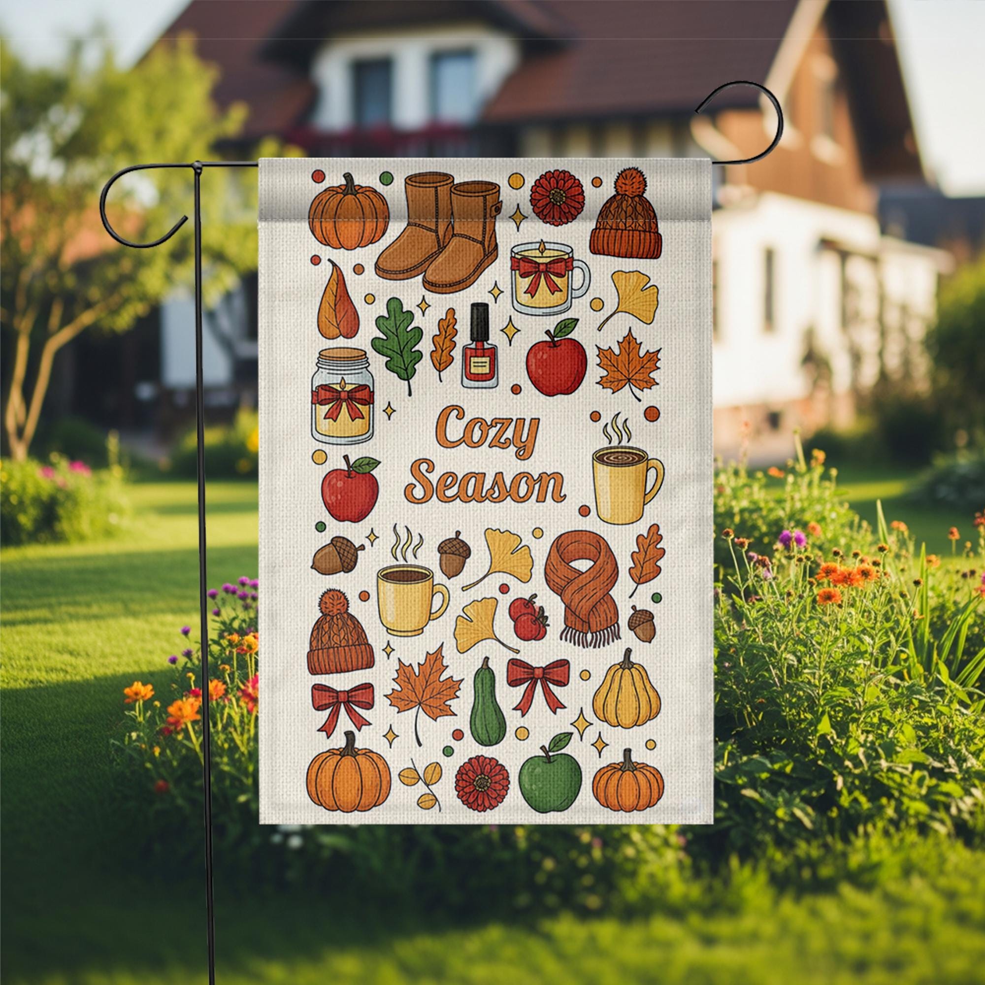 Cozy Season Fall Garden Flag – Autumn Outdoor Yard Decor with Pumpkins, Mugs & Leaves – Cute Thanksgiving Porch Decoration