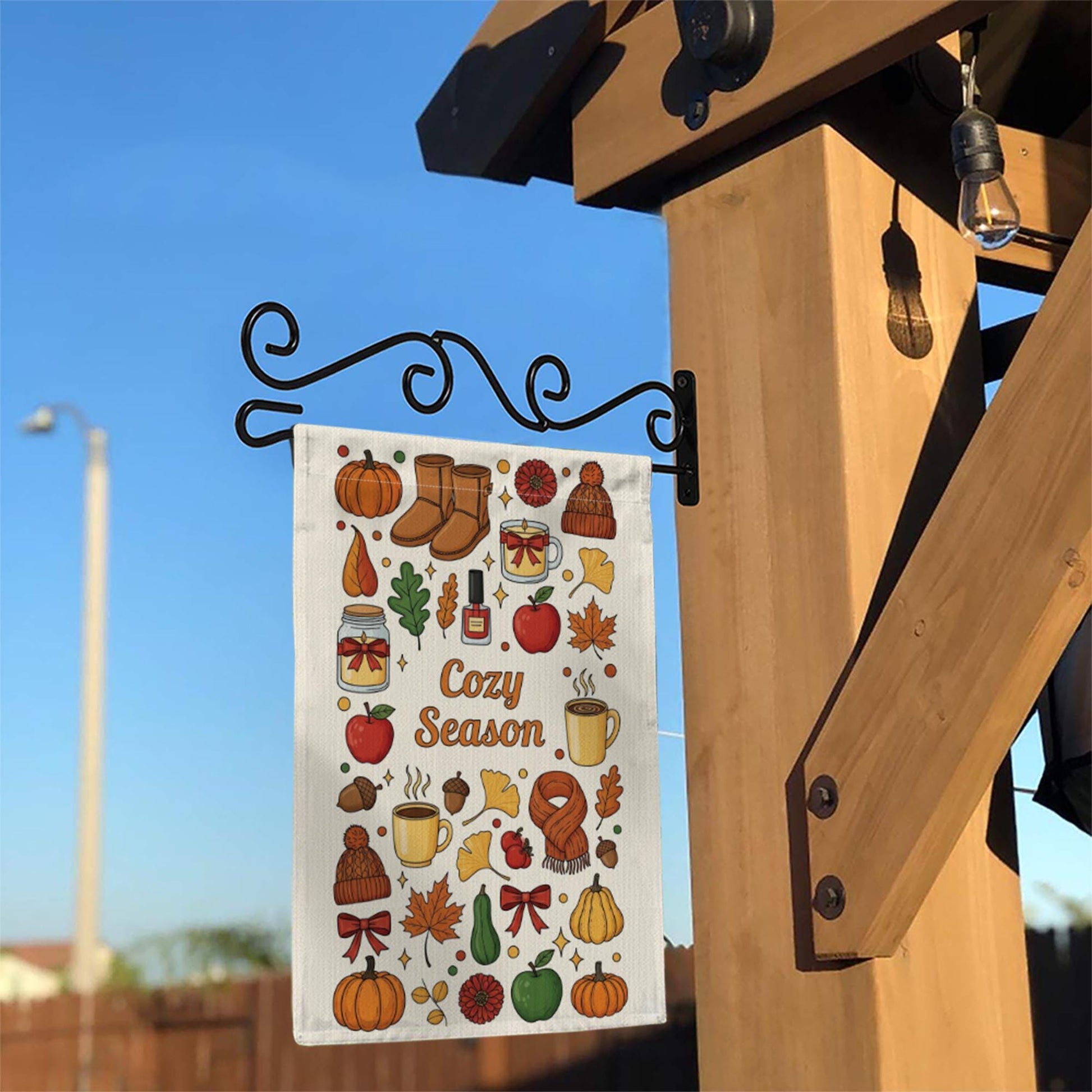 Cozy Season Fall Garden Flag – Autumn Outdoor Yard Decor with Pumpkins, Mugs & Leaves – Cute Thanksgiving Porch Decoration