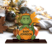 Personalized Fall Baby Name Sign – Cute Dinosaur Pumpkin Wood Standee – Autumn Baby Shower Gift or Newborn Nursery Decor