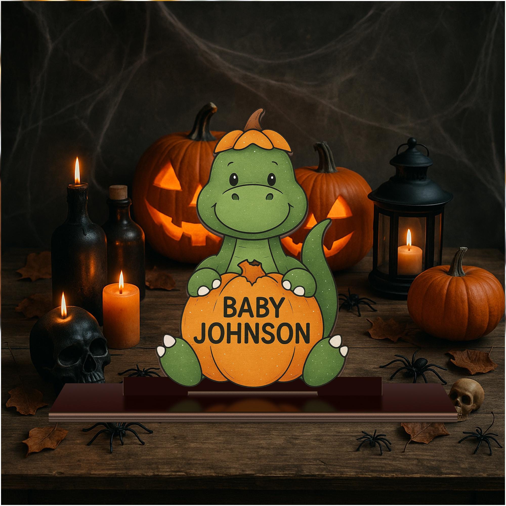 Personalized Fall Baby Name Sign – Cute Dinosaur Pumpkin Wood Standee – Autumn Baby Shower Gift or Newborn Nursery Decor