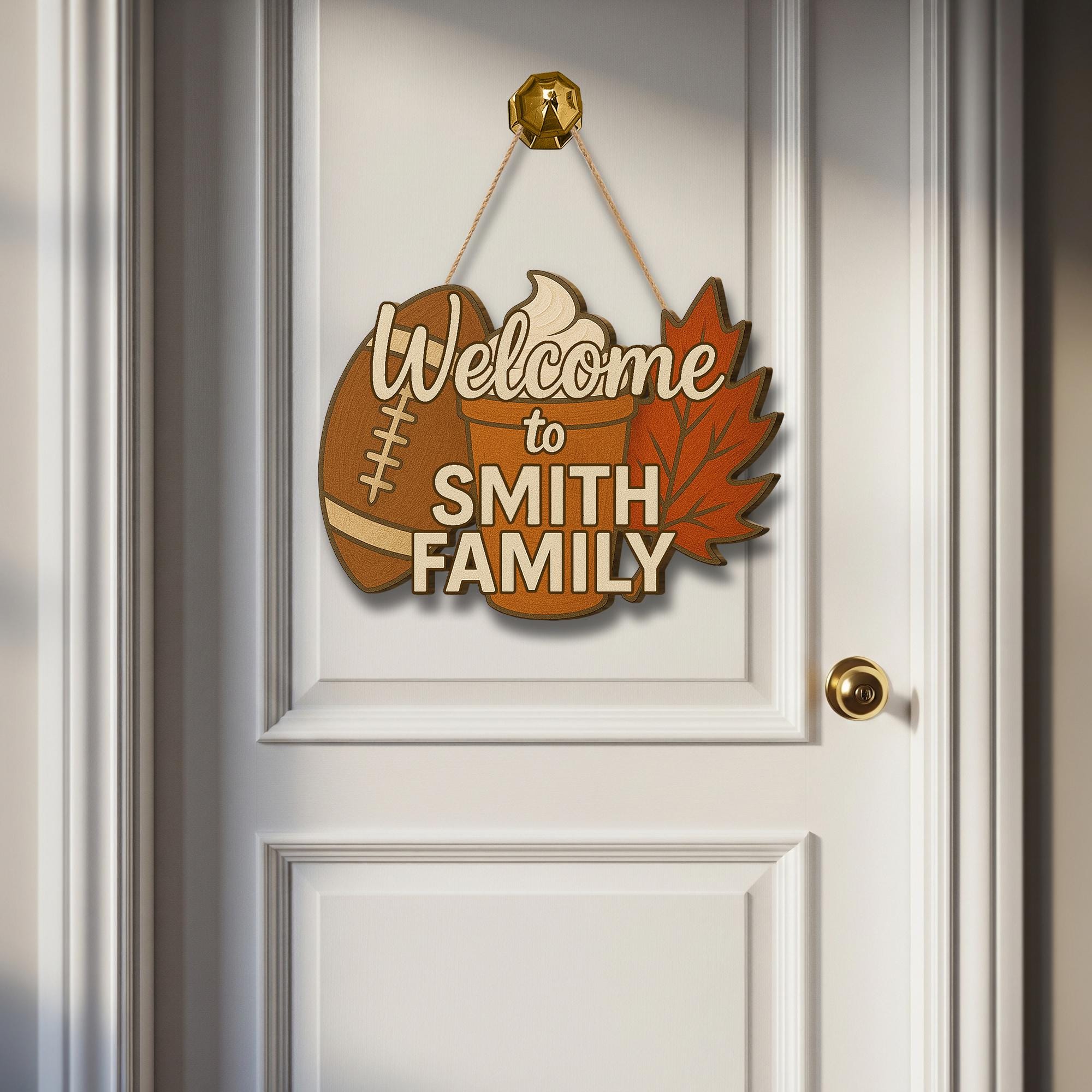 Custom Family Welcome Sign – Personalized Fall Wooden Door Sign with Football, Pumpkin Spice & Autumn Leaf Home Decor