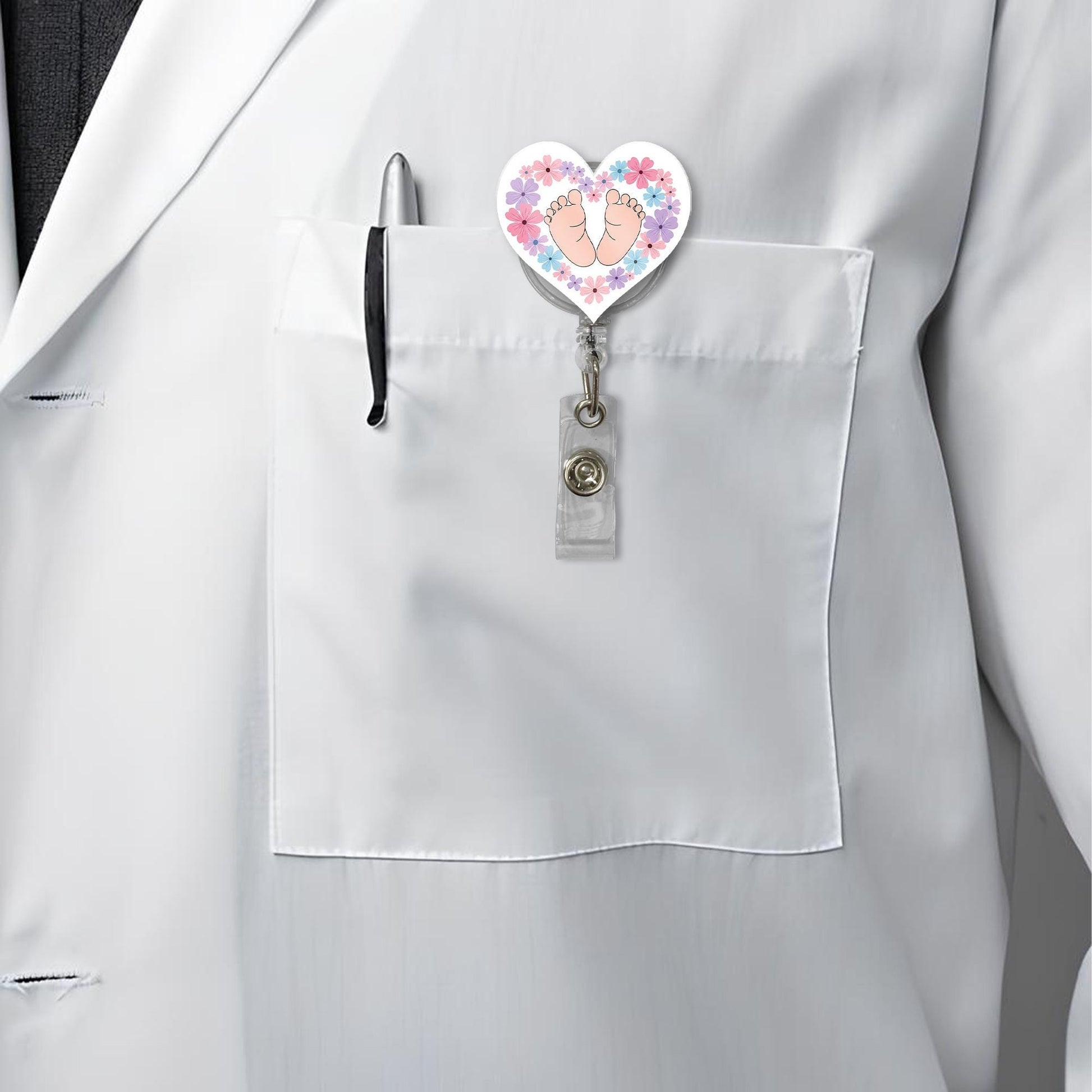 Baby Feet Badge Reel | Heart Floral ID Holder for NICU Nurses | OB Maternity Name Tag Clip | Cute Baby Shower Gift for Medical Staff