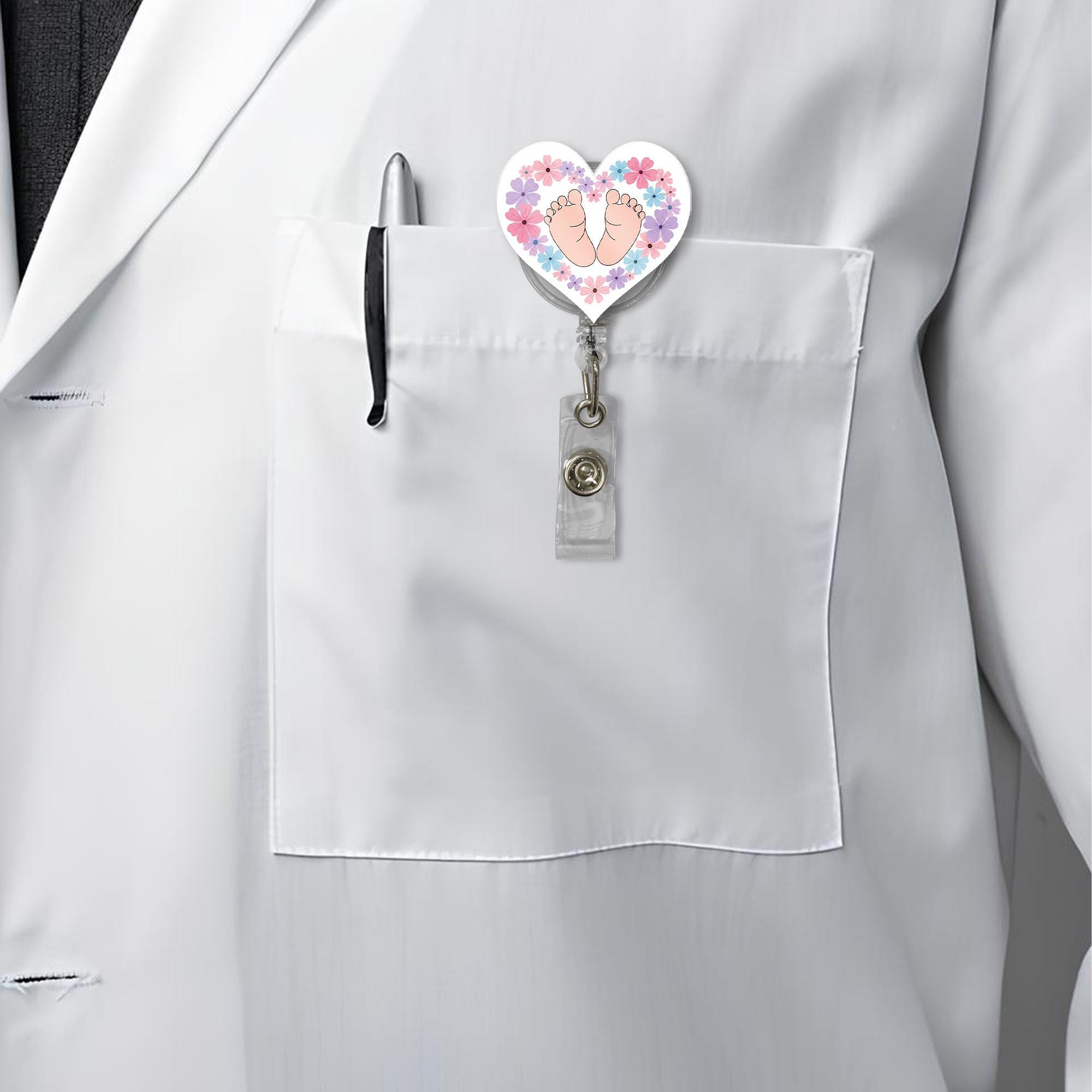 Baby Feet Badge Reel | Heart Floral ID Holder for NICU Nurses | OB Maternity Name Tag Clip | Cute Baby Shower Gift for Medical Staff