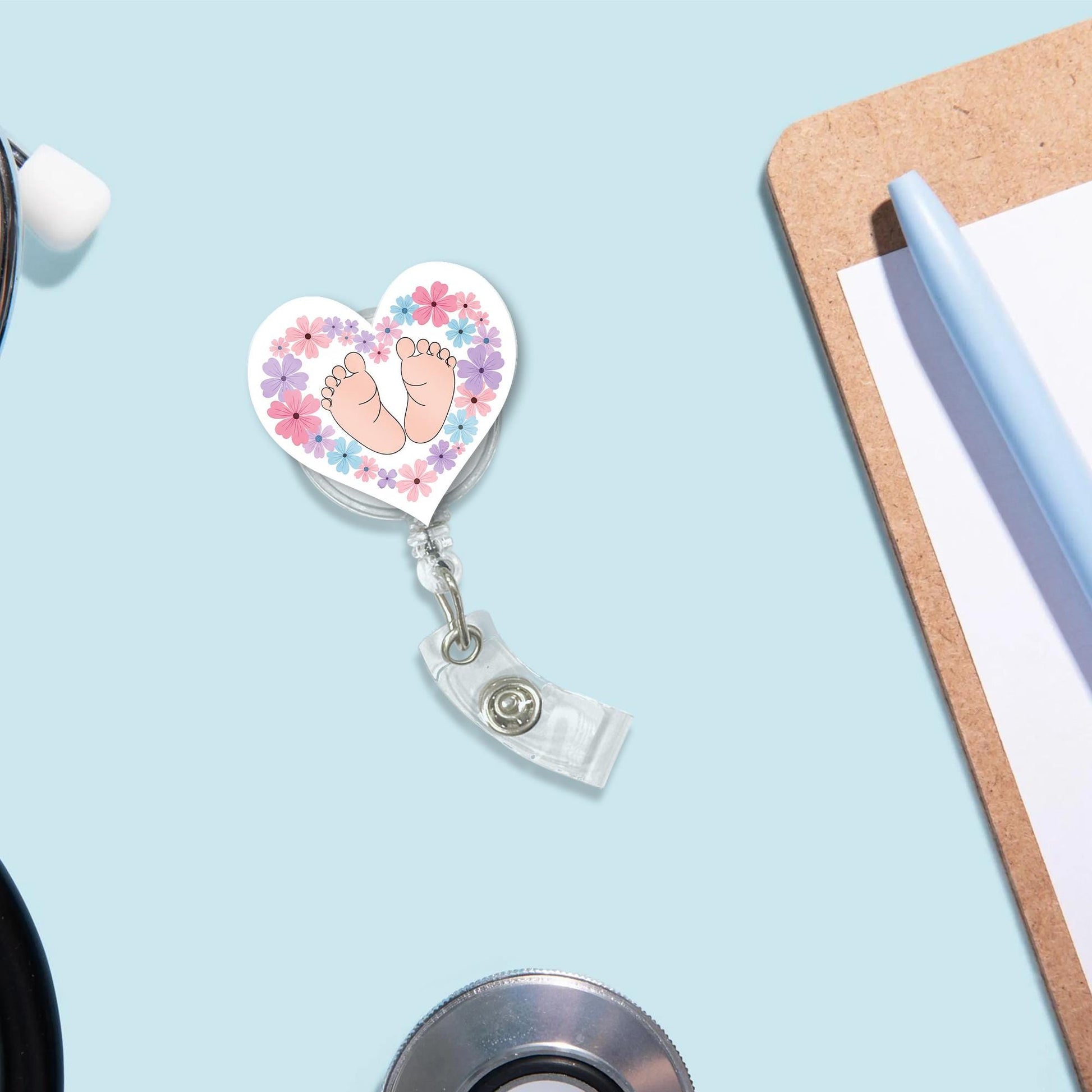 Baby Feet Badge Reel | Heart Floral ID Holder for NICU Nurses | OB Maternity Name Tag Clip | Cute Baby Shower Gift for Medical Staff