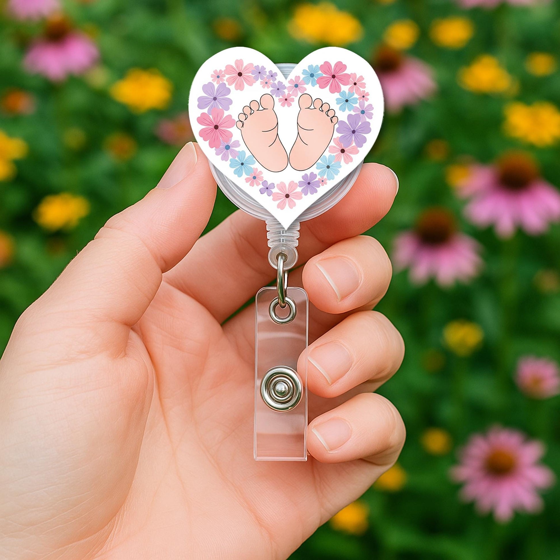 Baby Feet Badge Reel | Heart Floral ID Holder for NICU Nurses | OB Maternity Name Tag Clip | Cute Baby Shower Gift for Medical Staff