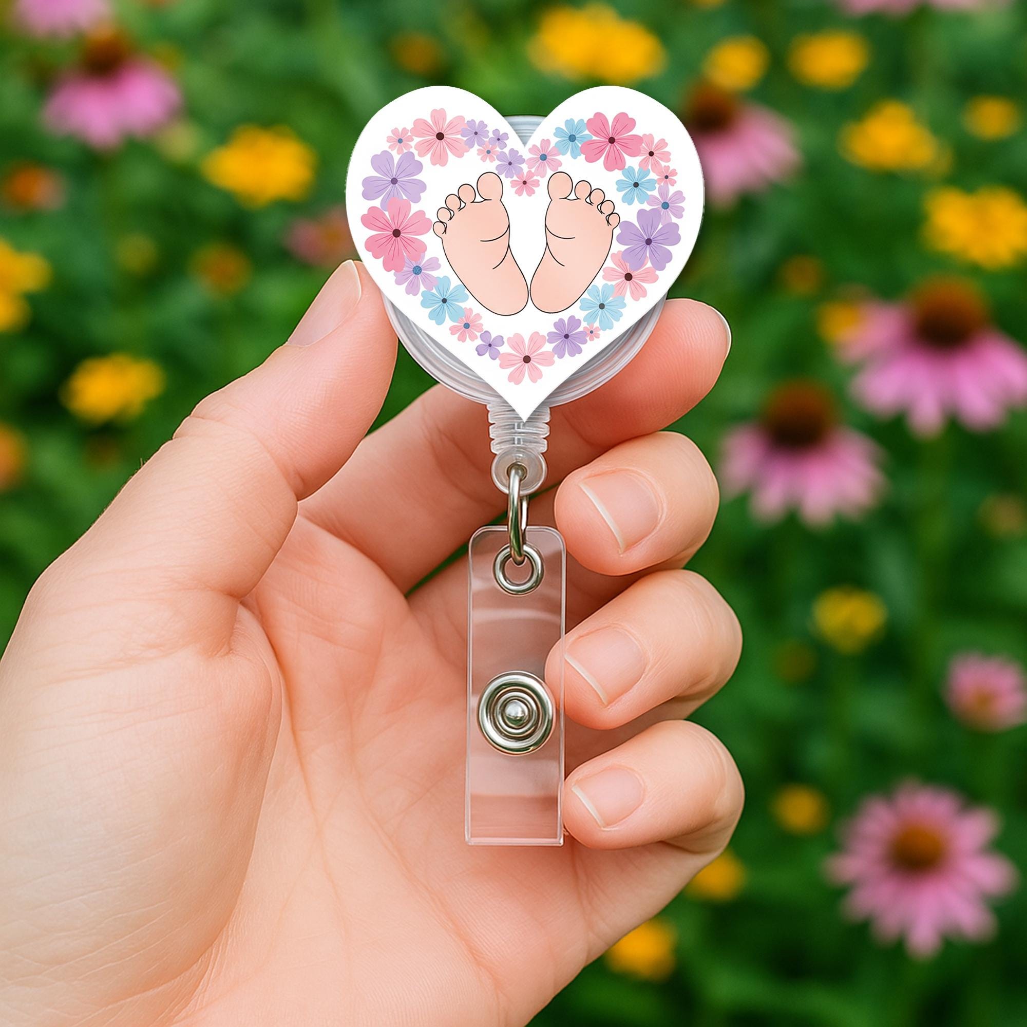 Baby Feet Badge Reel | Heart Floral ID Holder for NICU Nurses | OB Maternity Name Tag Clip | Cute Baby Shower Gift for Medical Staff
