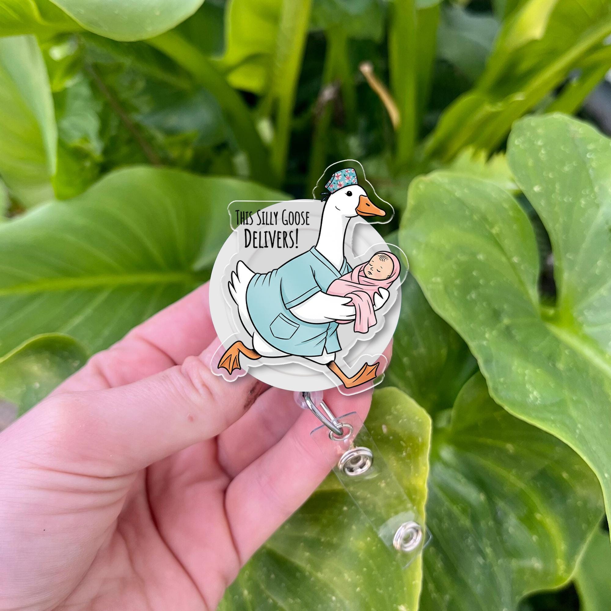 Silly Goose Delivers Badge Reel | Funny OB Nurse ID Holder | Labor & Delivery Name Tag Clip | Maternity Hospital Gift for Midwife or RN