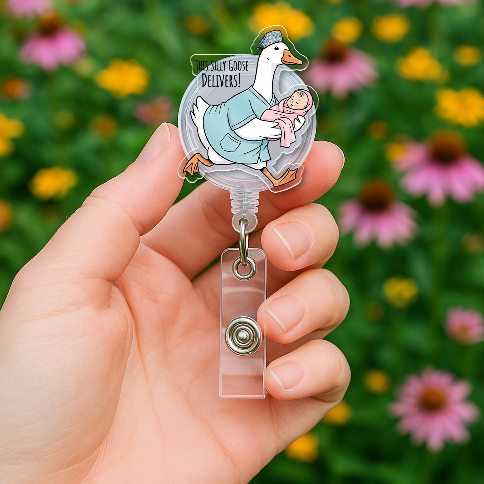 Silly Goose Delivers Badge Reel | Funny OB Nurse ID Holder | Labor & Delivery Name Tag Clip | Maternity Hospital Gift for Midwife or RN