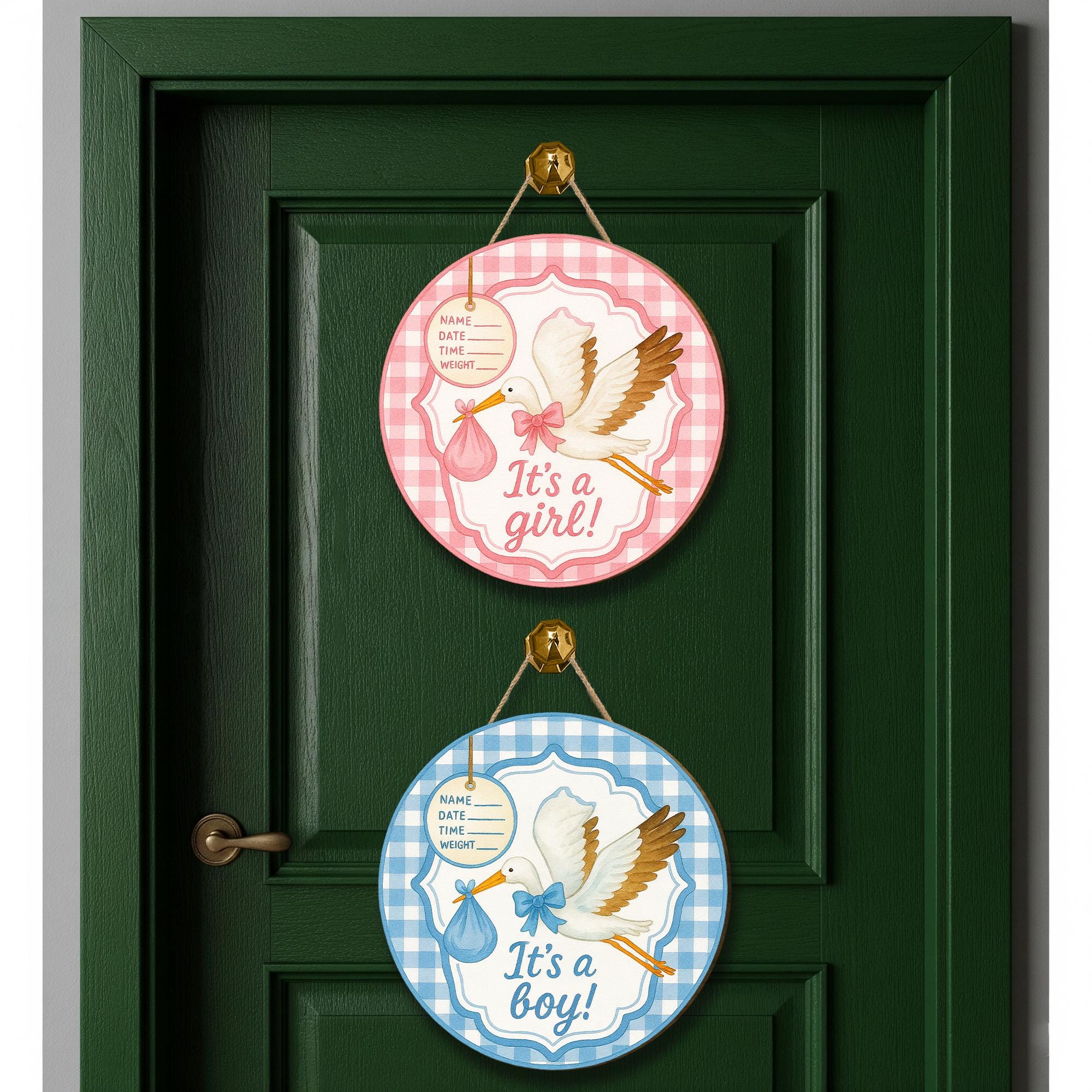 It's a Girl or It's a Boy Stork Door Sign | Baby Announcement Hanging Decor with Gingham Border, Birth Info Tag for Nursery or Shower