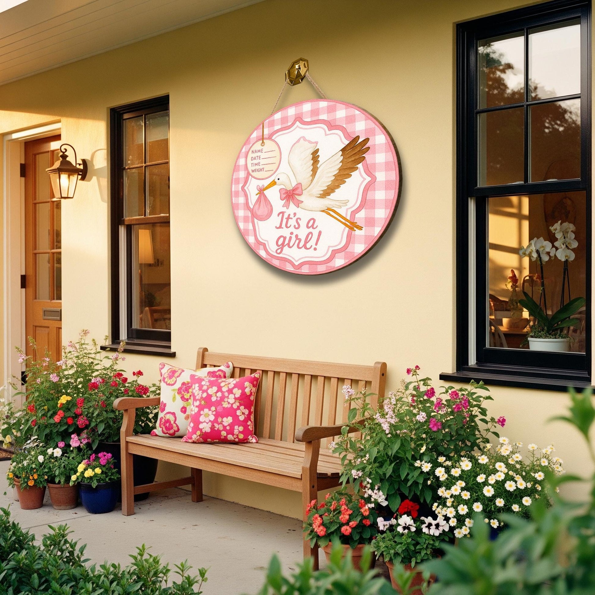 It's a Girl or It's a Boy Stork Door Sign | Baby Announcement Hanging Decor with Gingham Border, Birth Info Tag for Nursery or Shower