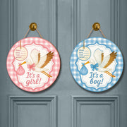 It's a Girl or It's a Boy Stork Door Sign | Baby Announcement Hanging Decor with Gingham Border, Birth Info Tag for Nursery or Shower