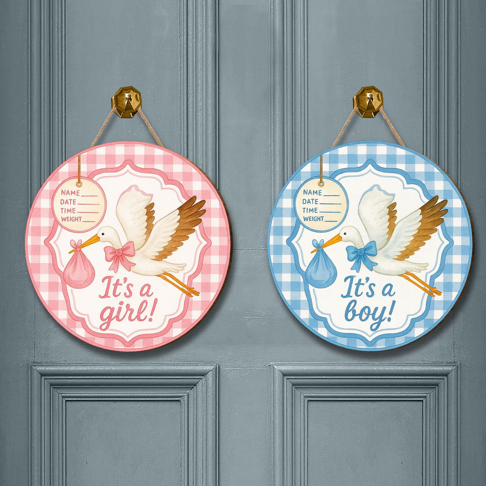 It's a Girl or It's a Boy Stork Door Sign | Baby Announcement Hanging Decor with Gingham Border, Birth Info Tag for Nursery or Shower