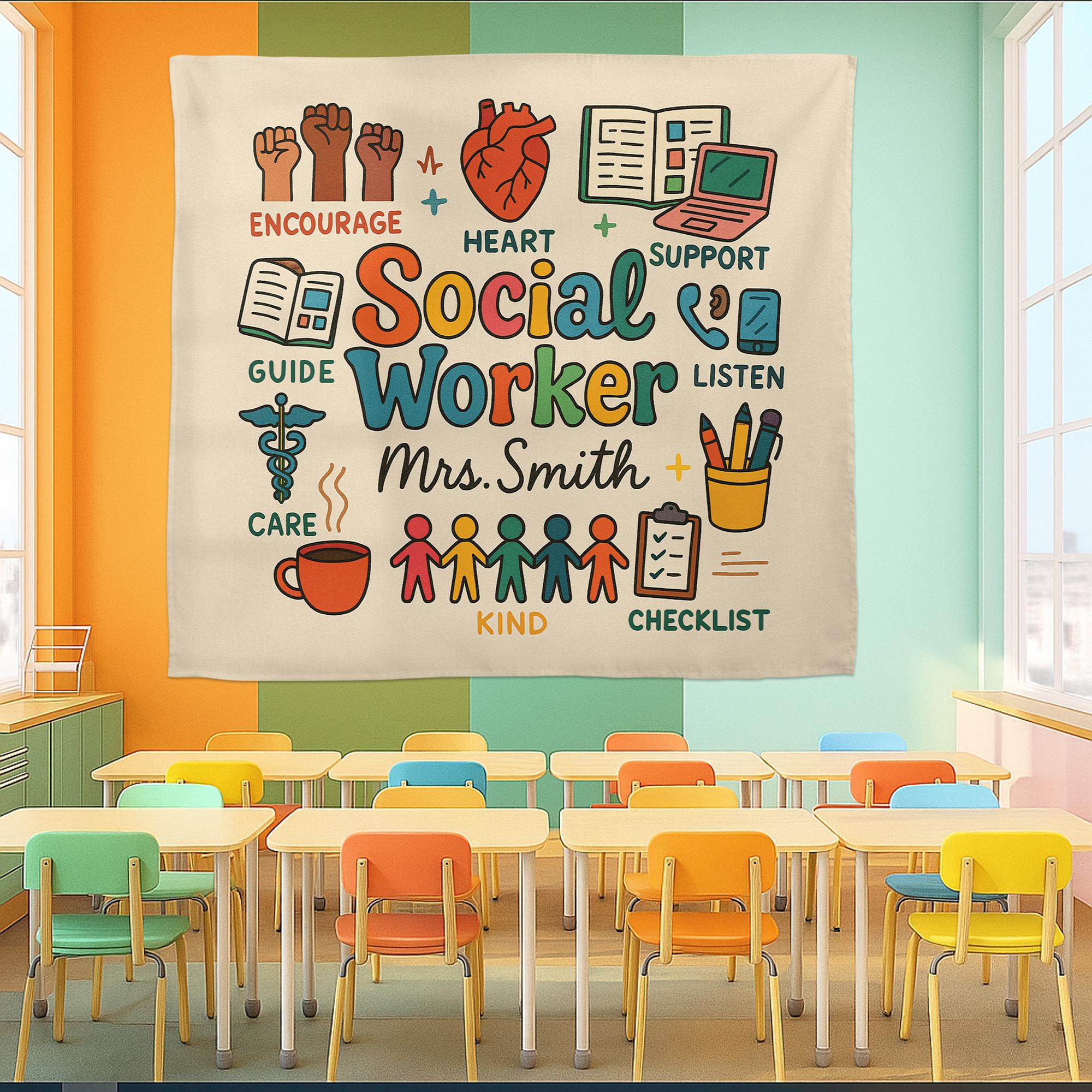 Personalized Social Worker Tapestry, Office Wall Decor, School Counselor Gift, Social Work Appreciation Sign, Custom Teacher Banner