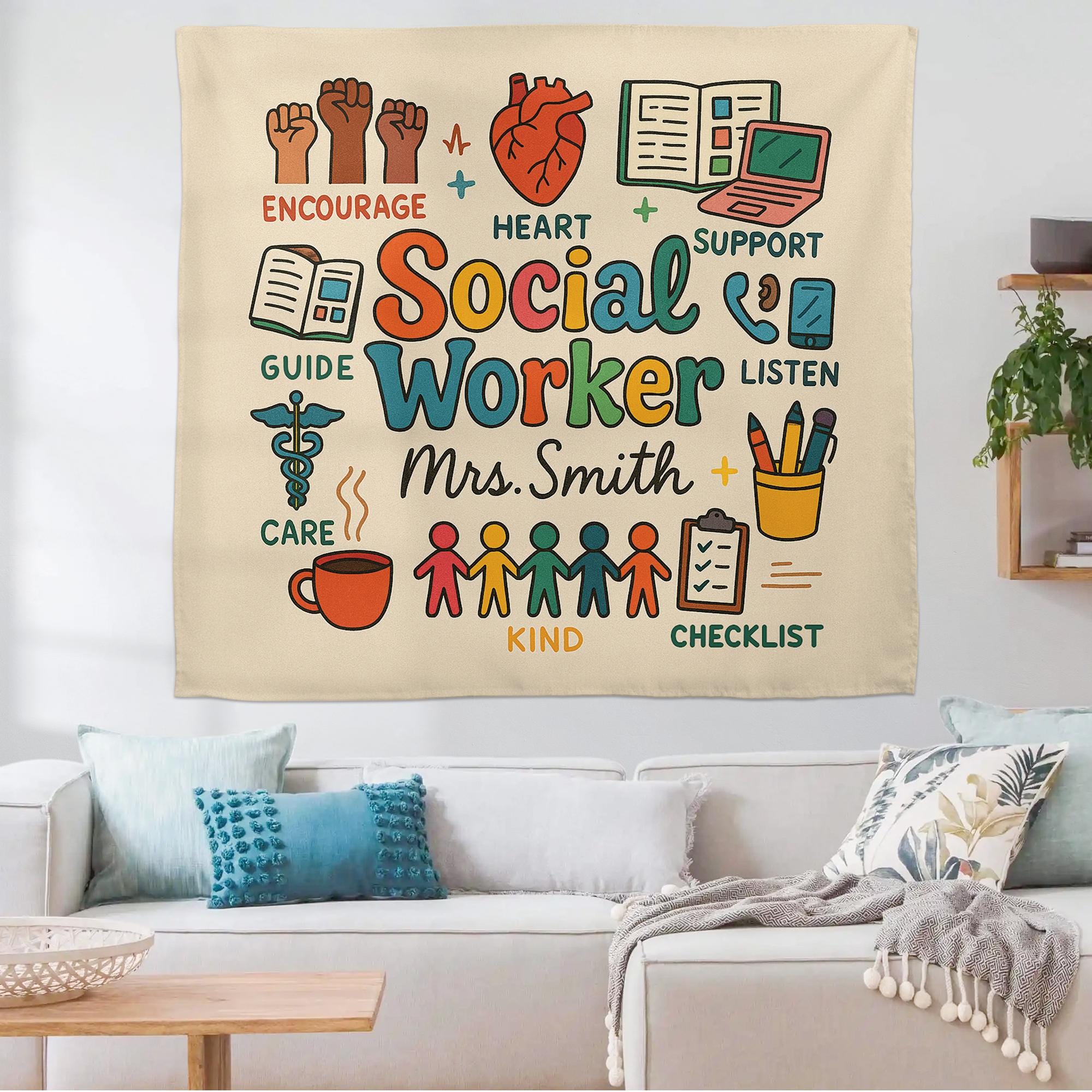Personalized Social Worker Tapestry, Office Wall Decor, School Counselor Gift, Social Work Appreciation Sign, Custom Teacher Banner