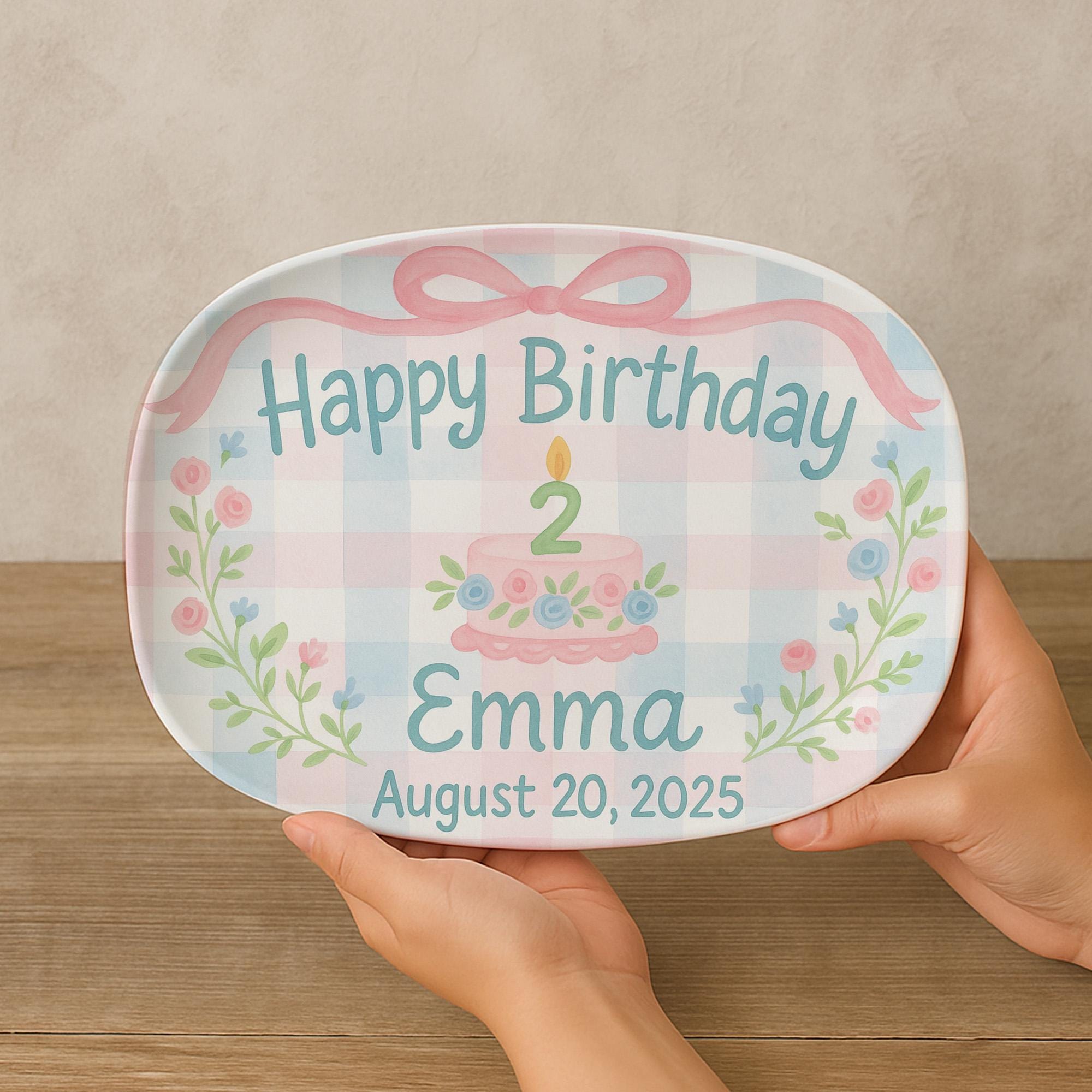 Custom Birthday Platter – Personalized Kids Name & Date Plate with Cake and Florals – Keepsake Gift for Toddler Birthday - DECOR only