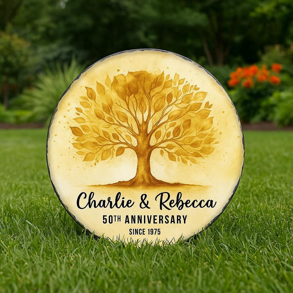 Custom 50th Anniversary Garden Stone – Golden Tree Personalized Outdoor Gift – Printed Family Name Yard Decor Since 1975