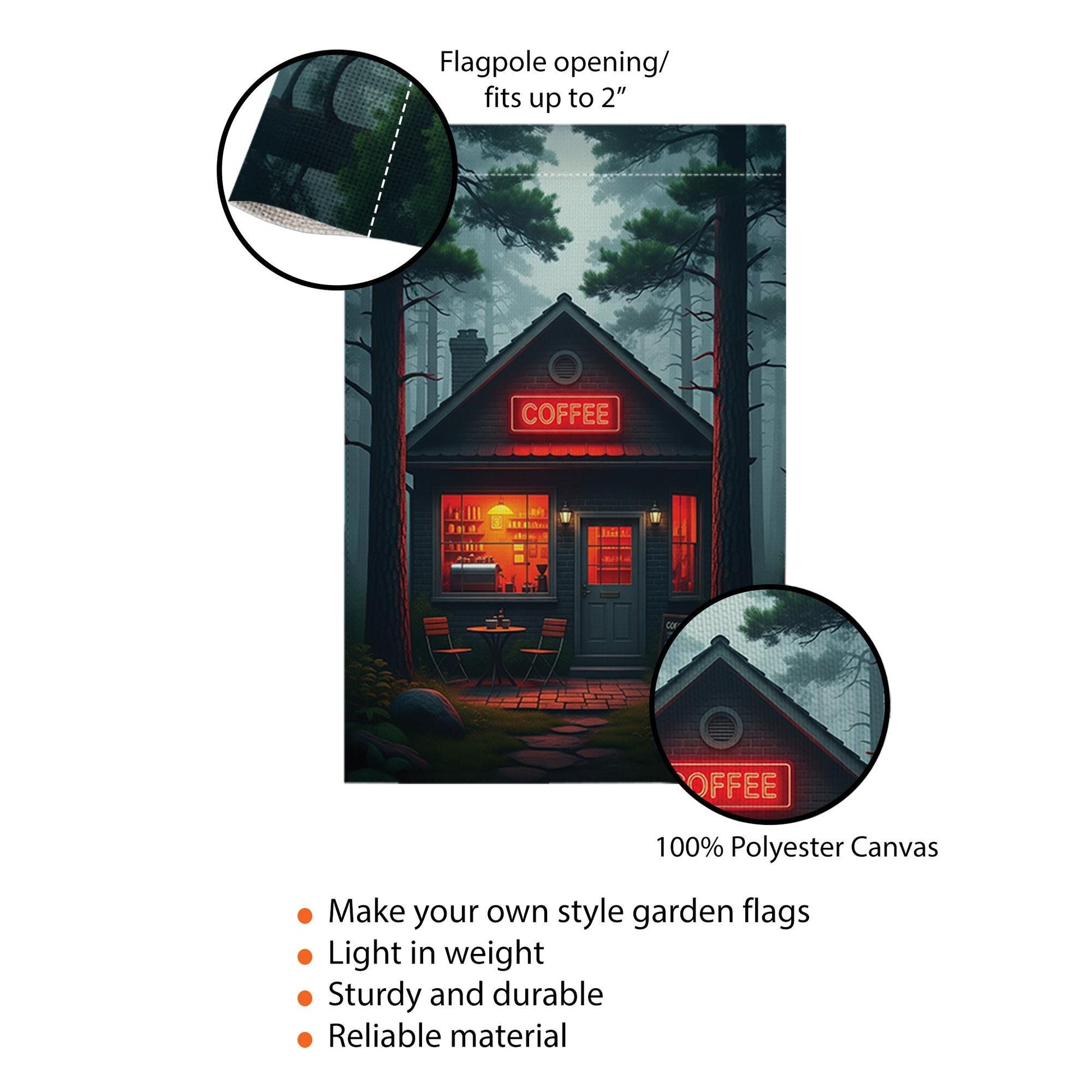 Cozy Coffee Cabin Garden Flag | Rustic Forest Café Outdoor Decor | Moody Barista Yard Sign | Coffee Lover Gift | Fall Porch Banner