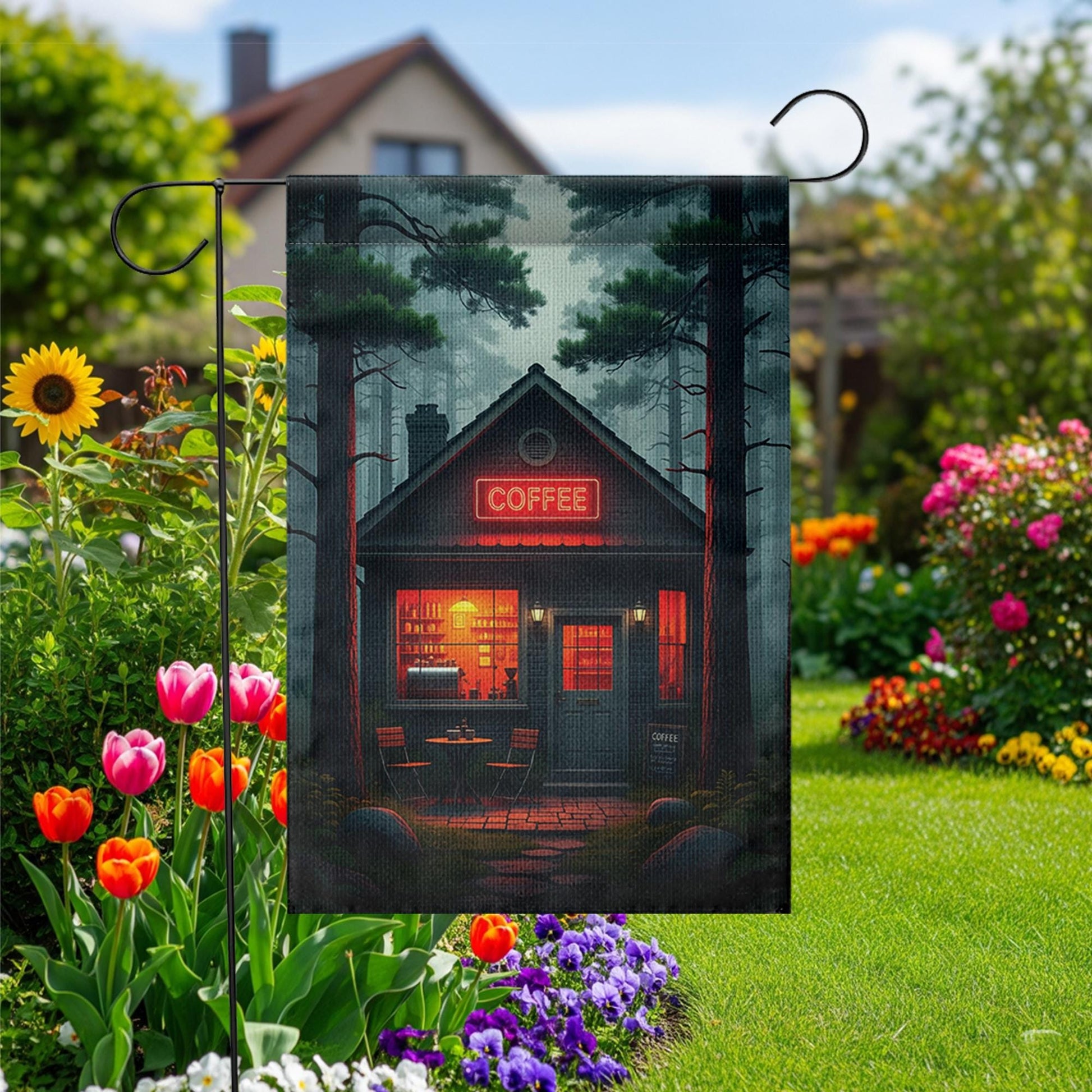 Cozy Coffee Cabin Garden Flag | Rustic Forest Café Outdoor Decor | Moody Barista Yard Sign | Coffee Lover Gift | Fall Porch Banner