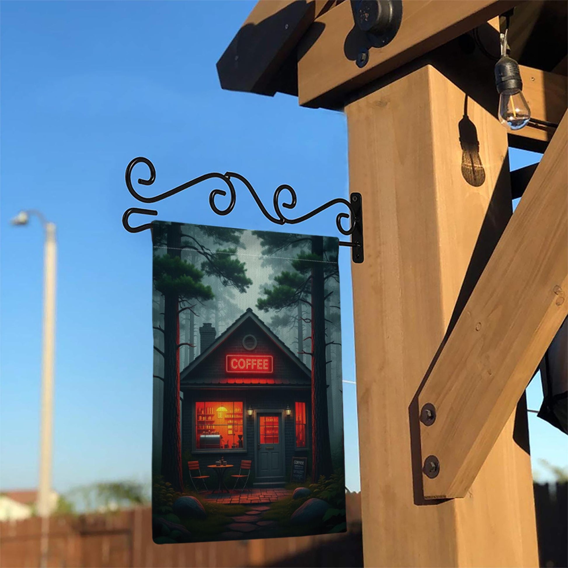 Cozy Coffee Cabin Garden Flag | Rustic Forest Café Outdoor Decor | Moody Barista Yard Sign | Coffee Lover Gift | Fall Porch Banner