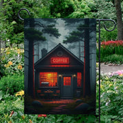 Cozy Coffee Cabin Garden Flag | Rustic Forest Café Outdoor Decor | Moody Barista Yard Sign | Coffee Lover Gift | Fall Porch Banner