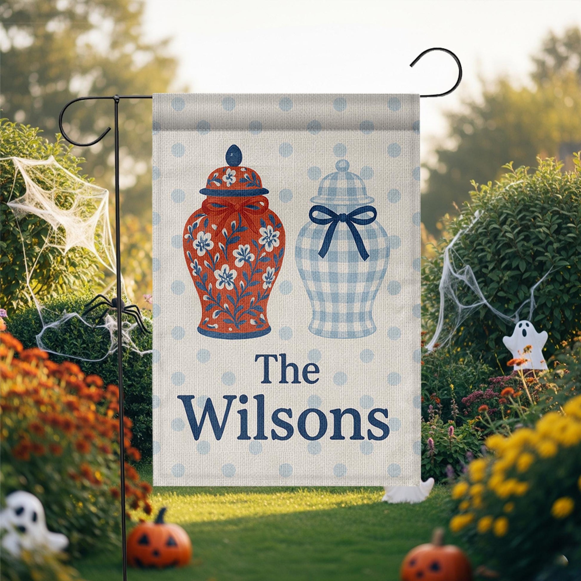 Custom Chinoiserie Garden Flag with Ginger Jars, Personalized Family Name Yard Sign, Blue Gingham Porch Decor, Monogram Outdoor Banner