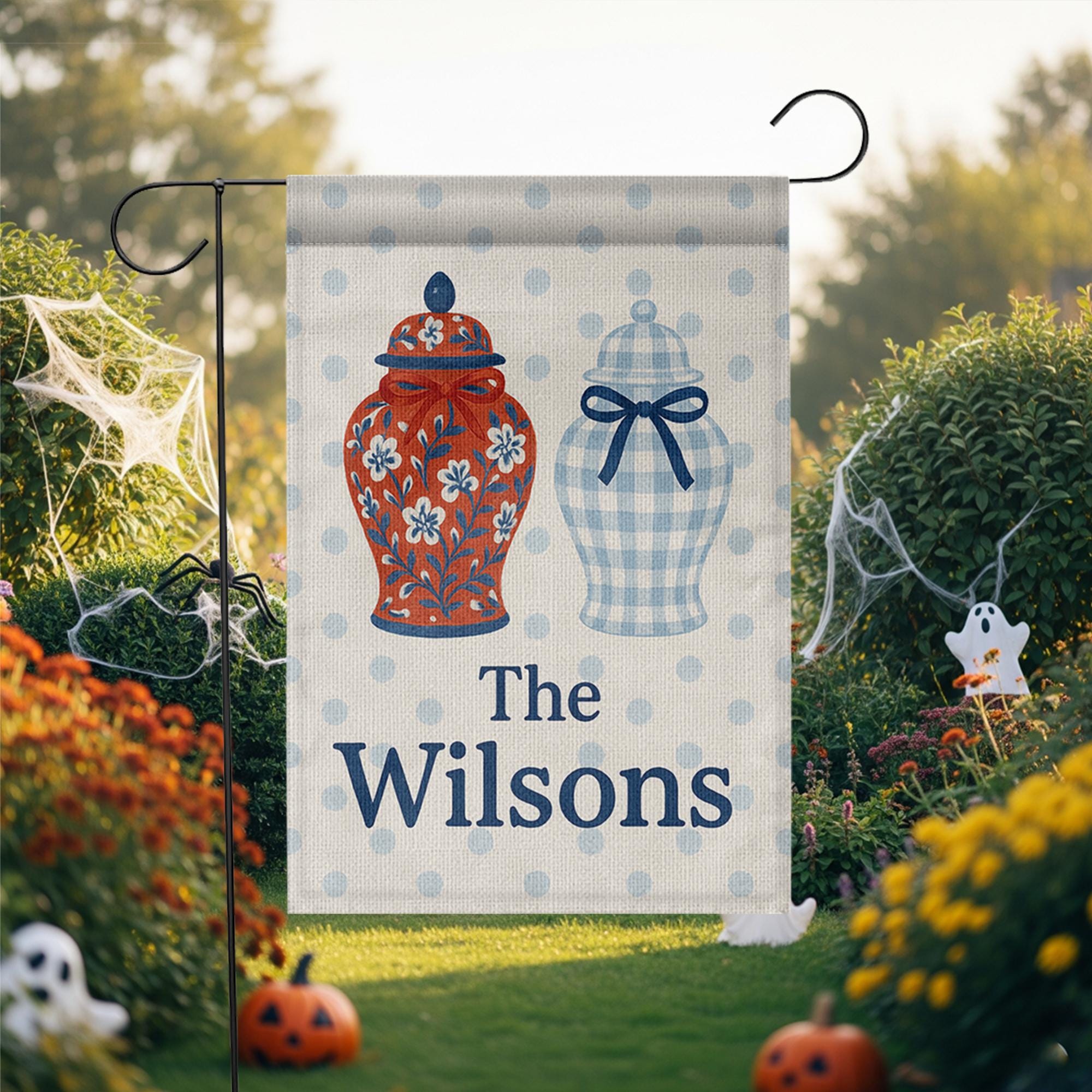 Custom Chinoiserie Garden Flag with Ginger Jars, Personalized Family Name Yard Sign, Blue Gingham Porch Decor, Monogram Outdoor Banner