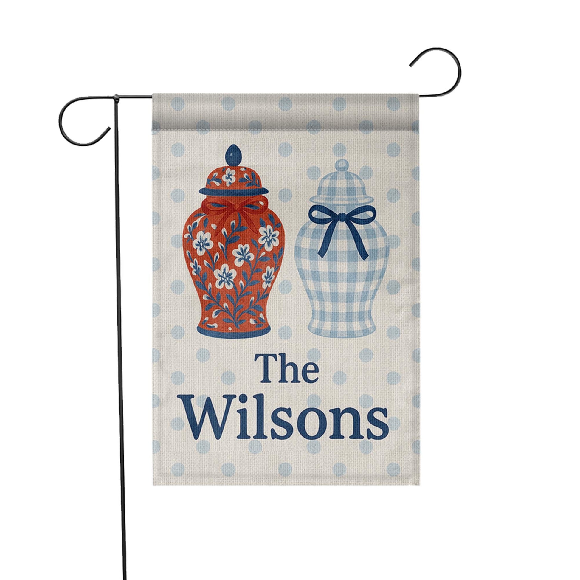 Custom Chinoiserie Garden Flag with Ginger Jars, Personalized Family Name Yard Sign, Blue Gingham Porch Decor, Monogram Outdoor Banner