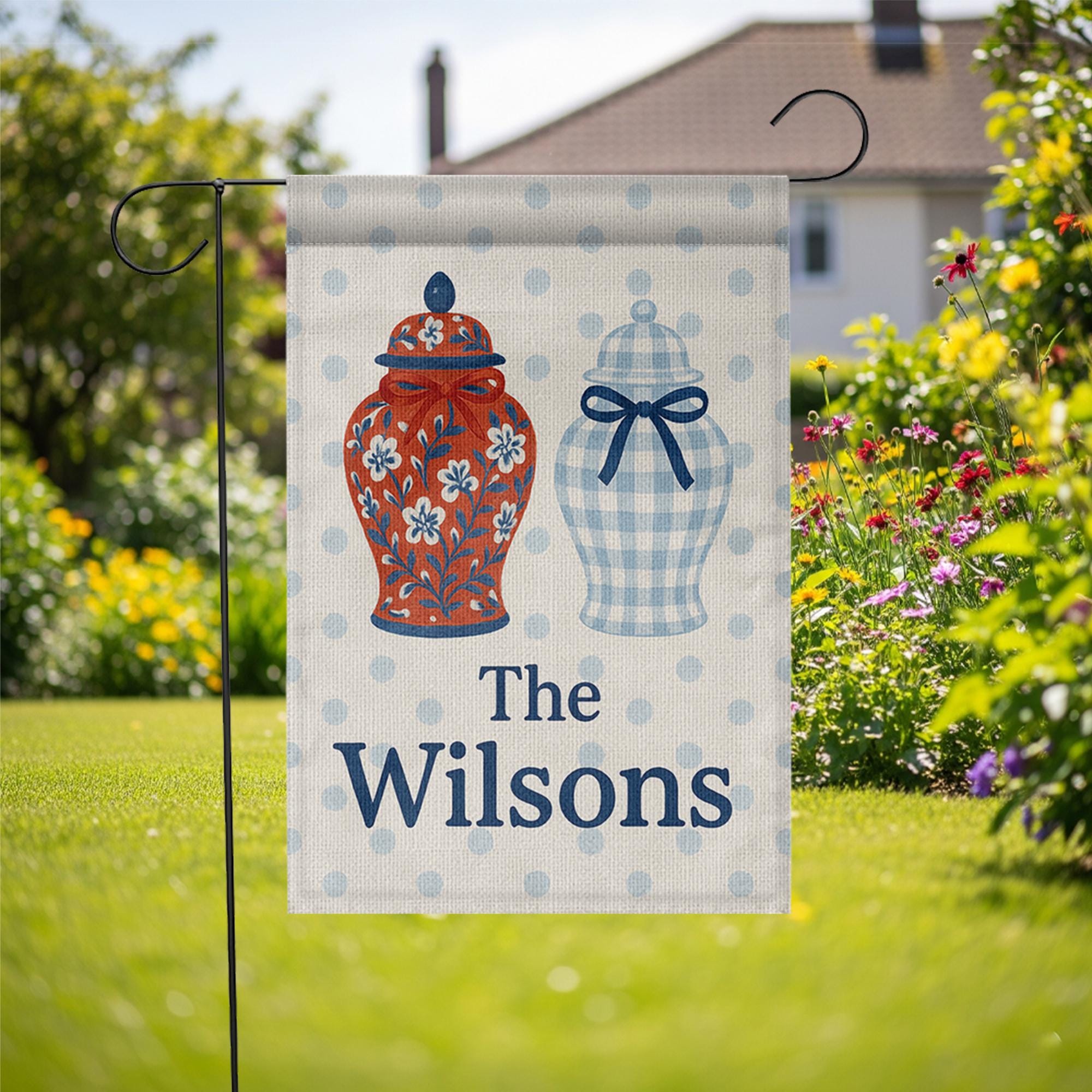 Custom Chinoiserie Garden Flag with Ginger Jars, Personalized Family Name Yard Sign, Blue Gingham Porch Decor, Monogram Outdoor Banner