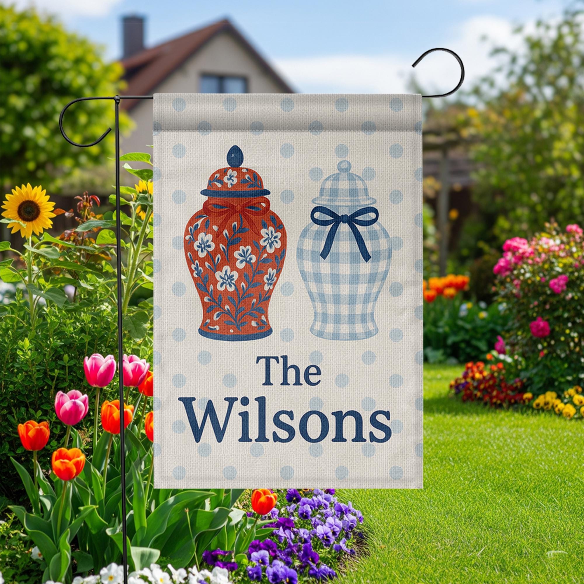 Custom Chinoiserie Garden Flag with Ginger Jars, Personalized Family Name Yard Sign, Blue Gingham Porch Decor, Monogram Outdoor Banner