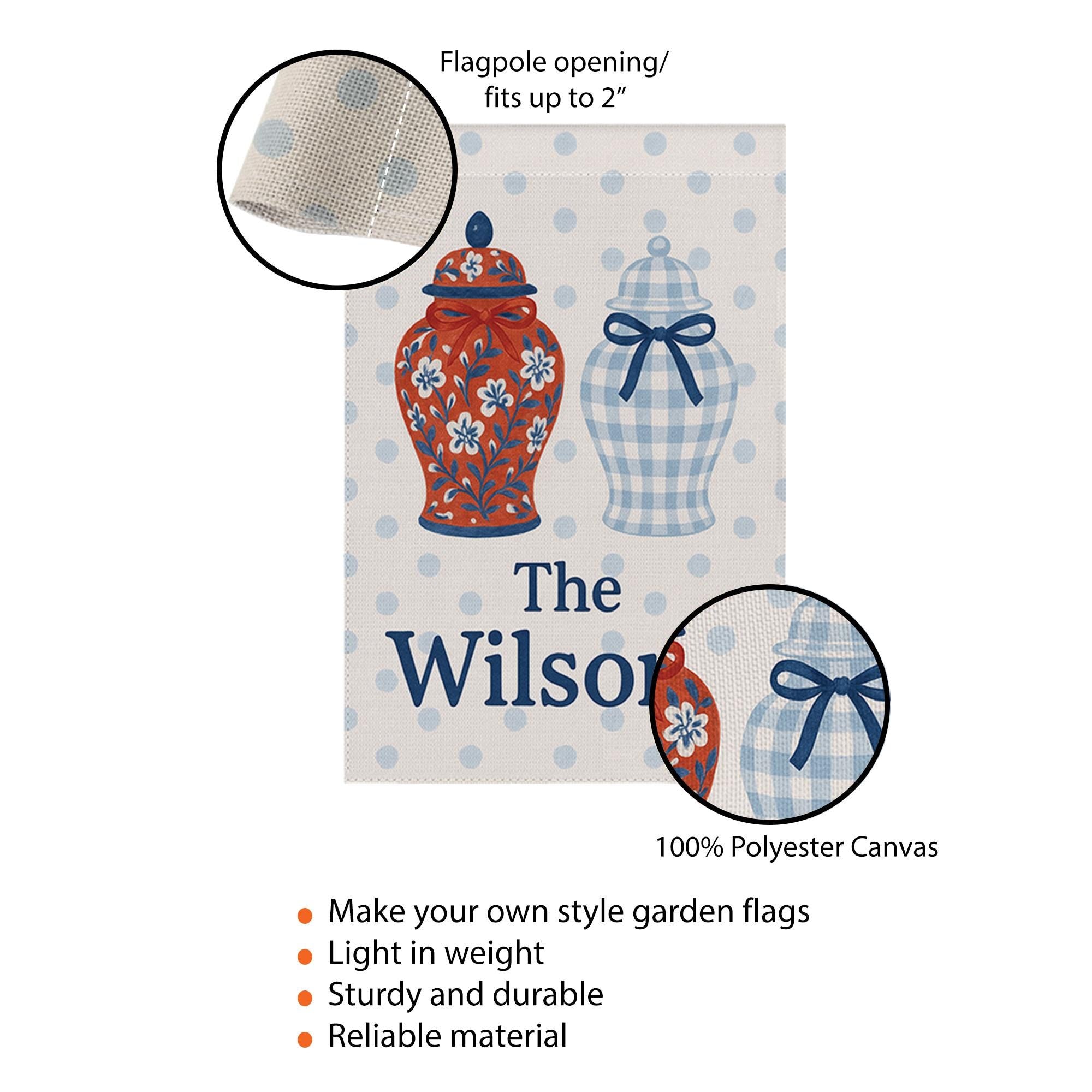 Custom Chinoiserie Garden Flag with Ginger Jars, Personalized Family Name Yard Sign, Blue Gingham Porch Decor, Monogram Outdoor Banner